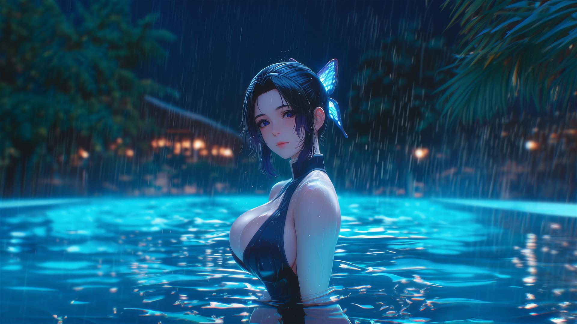 Shinobu Kocho standing in a rainy swimming pool under moonlight