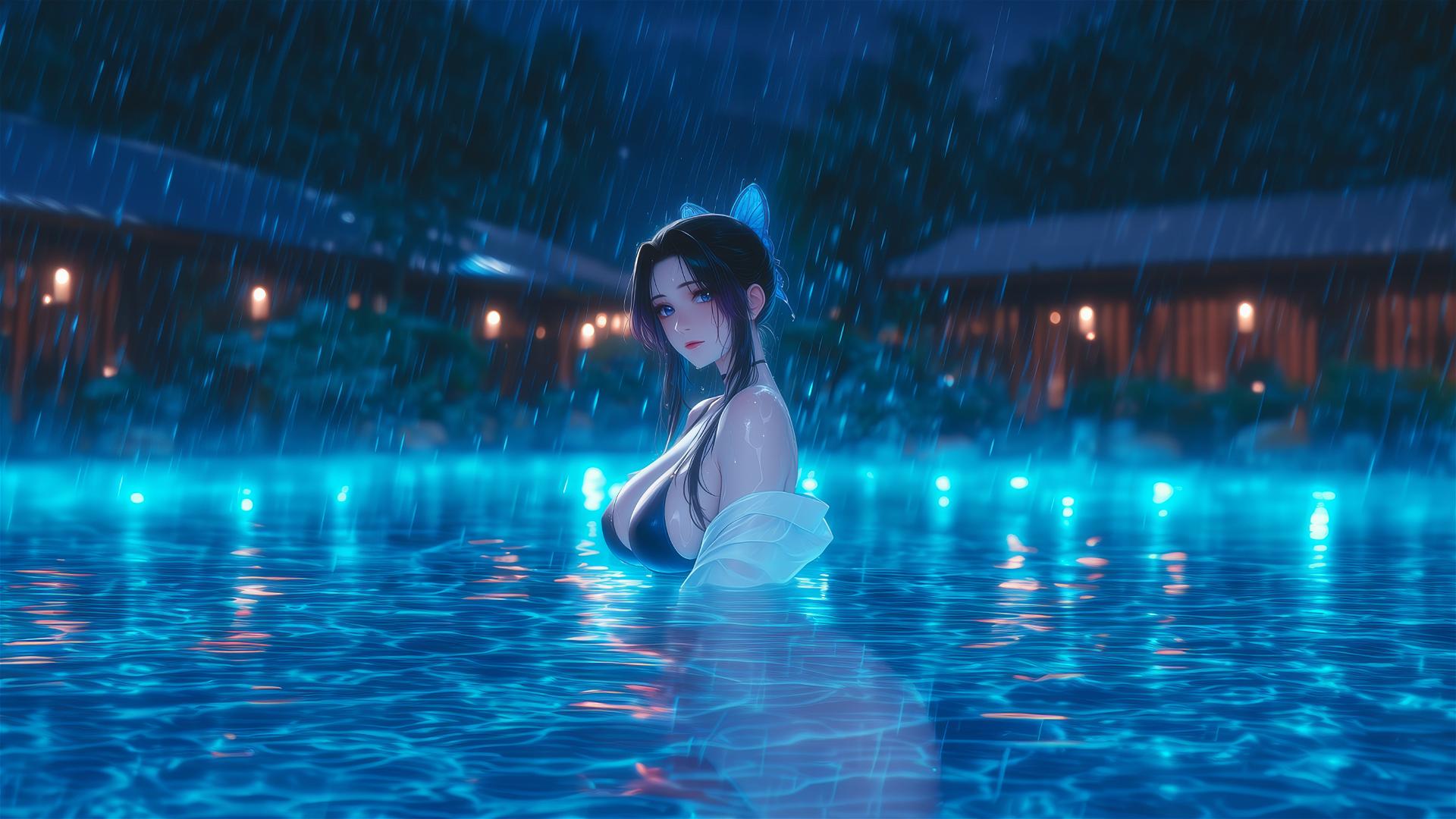 Shinobu Kocho from Demon Slayer standing in a rainy swimming pool under moonlight.