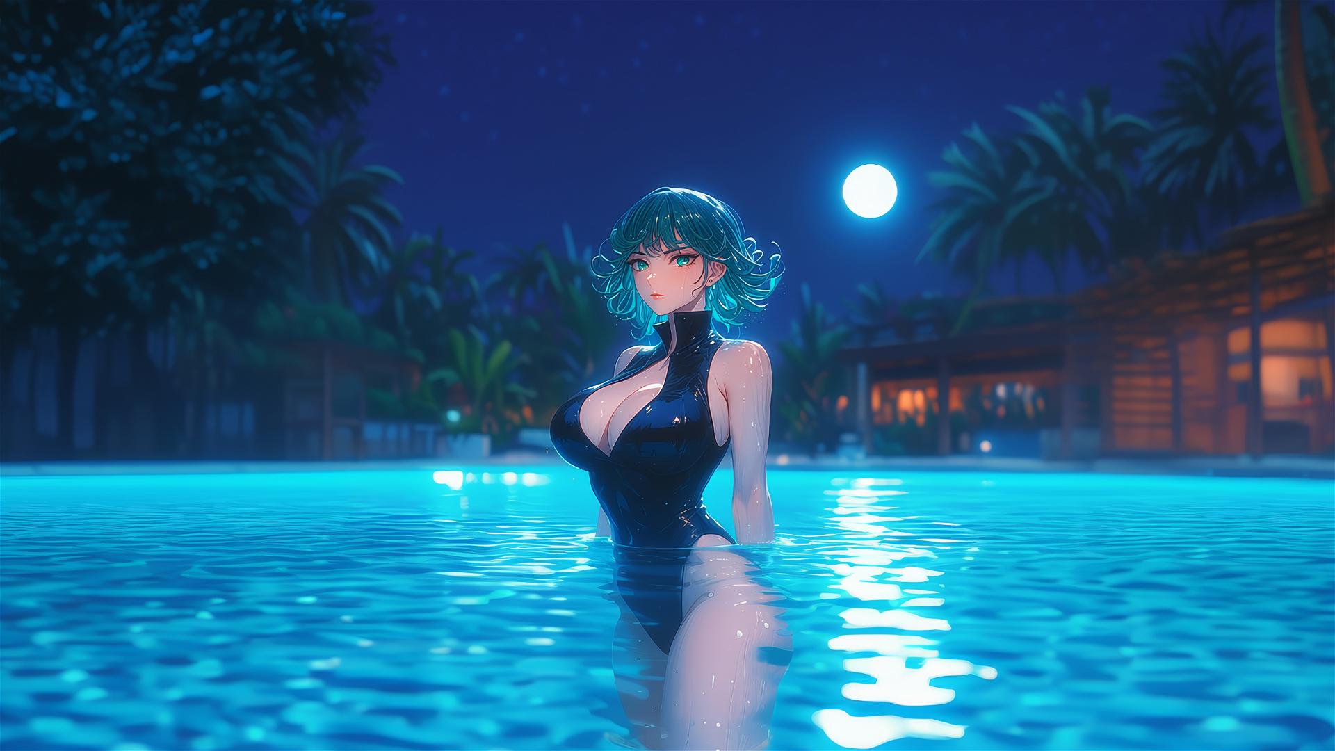 Tatsumaki from One-Punch Man in a swimming pool under moonlight and rain