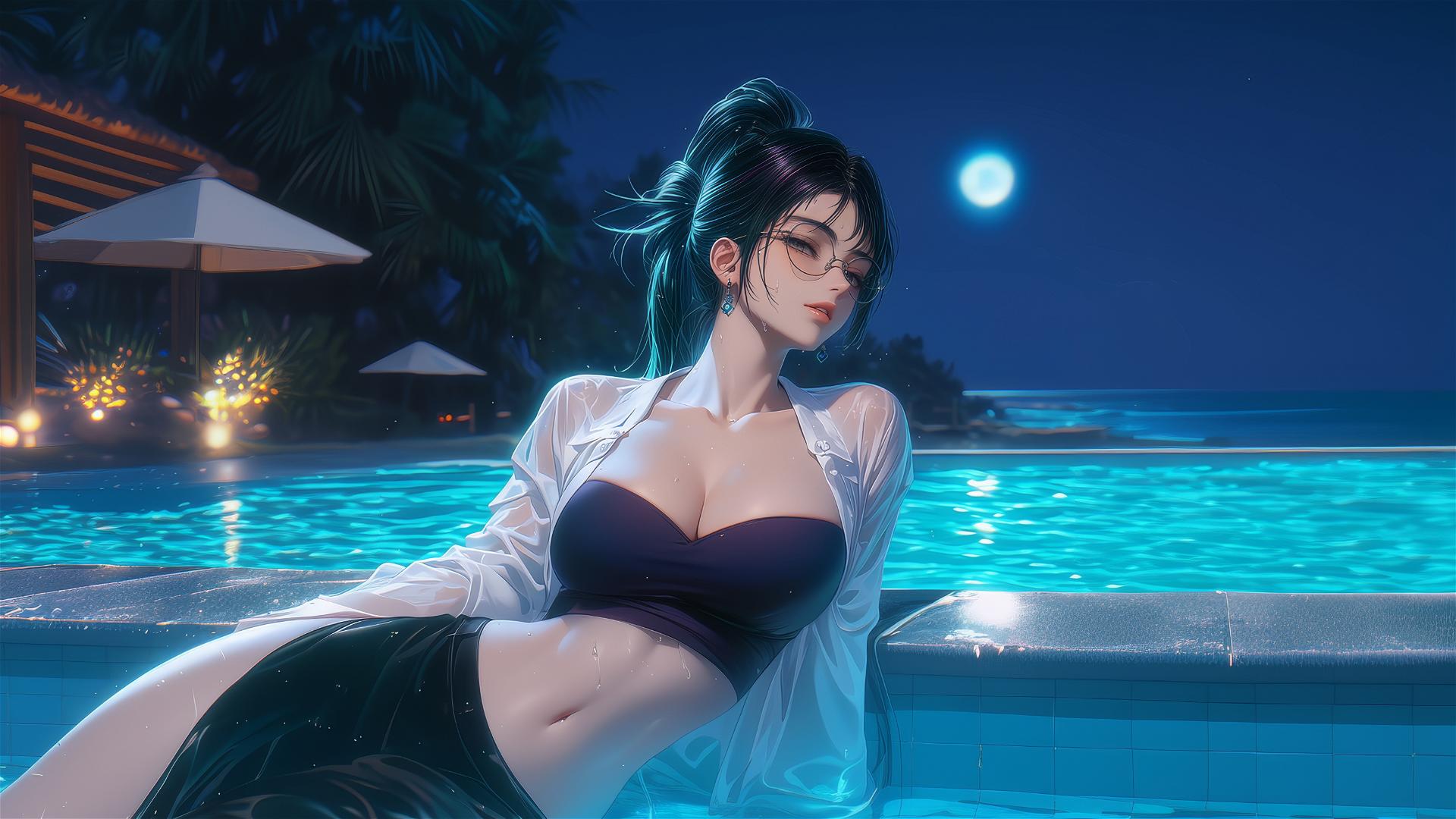 Maki Zenin from Jujutsu Kaisen resting by the pool under moonlight, wearing glasses.