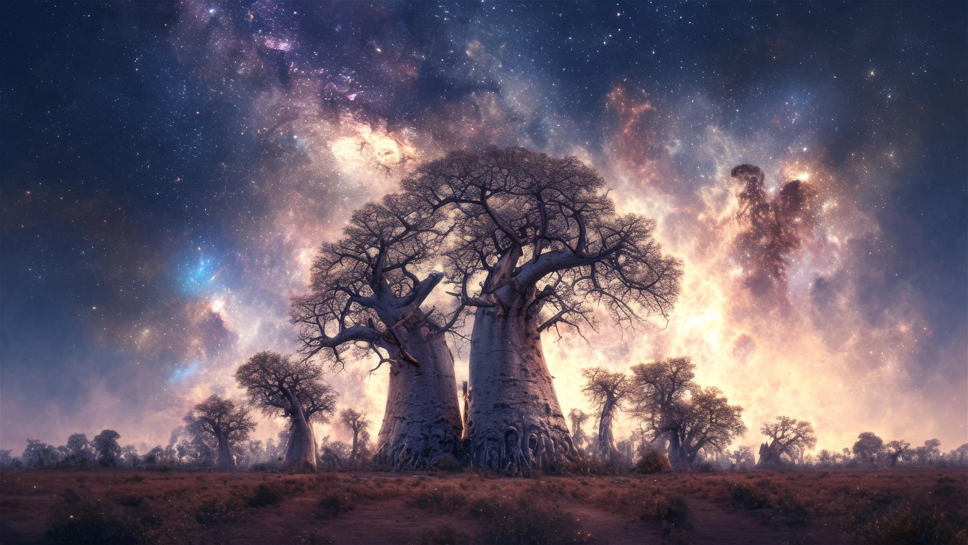 Ancient baobab trees under a starry African sky