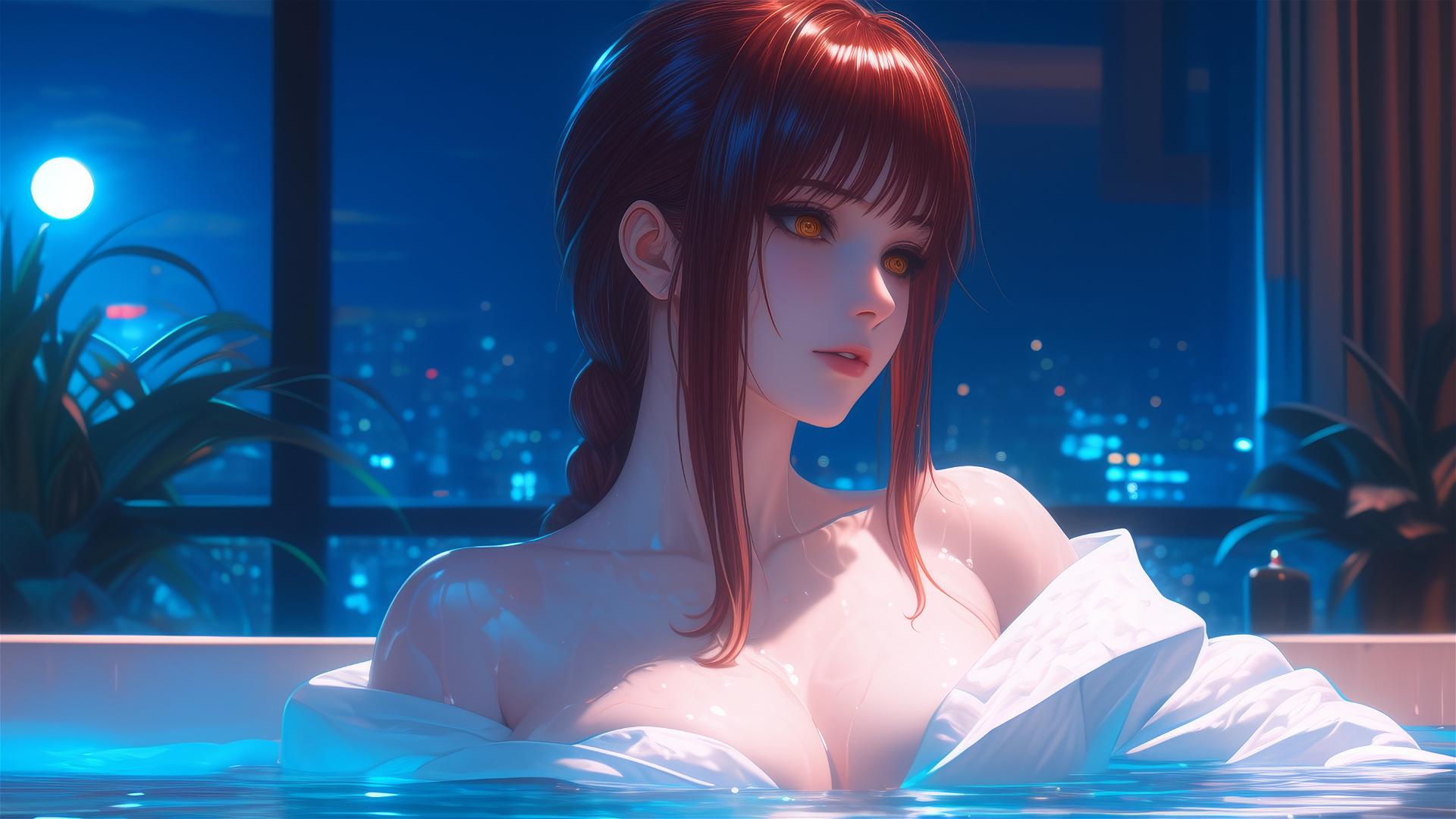Makima from Chainsaw Man resting in a tub with moonlight casting a soft glow.