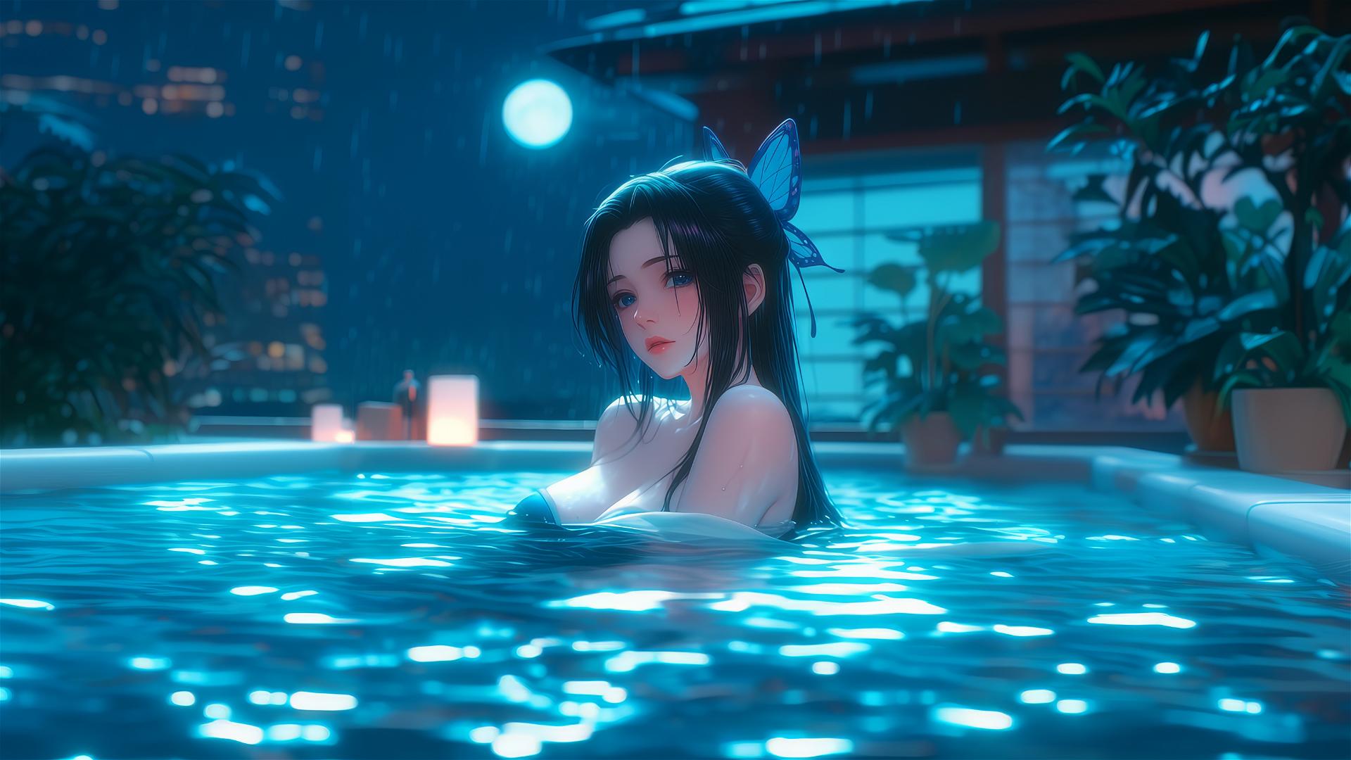 Shinobu Kocho from Demon Slayer resting in a tub with moonlight glow