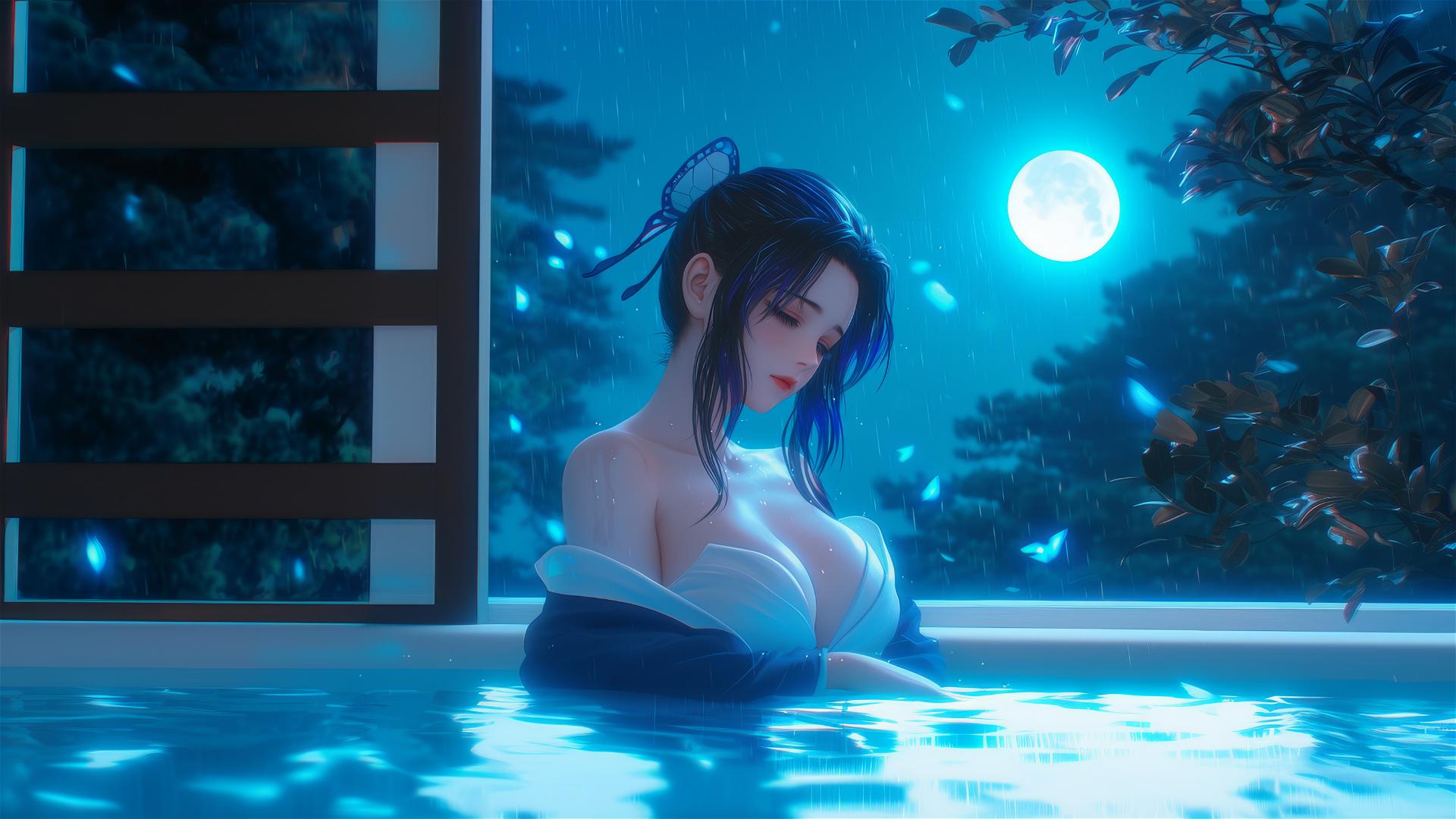 Shinobu Kocho from Demon Slayer resting in a tub under moonlight.