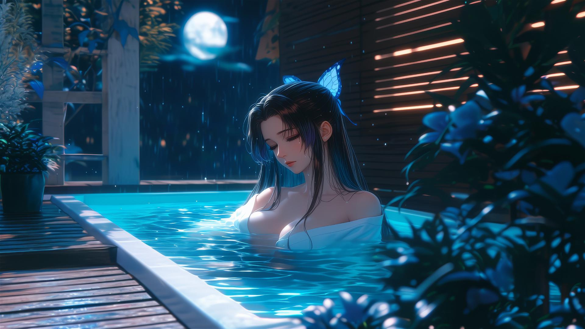 Shinobu Kocho from Demon Slayer resting in a bathtub under moonlight.