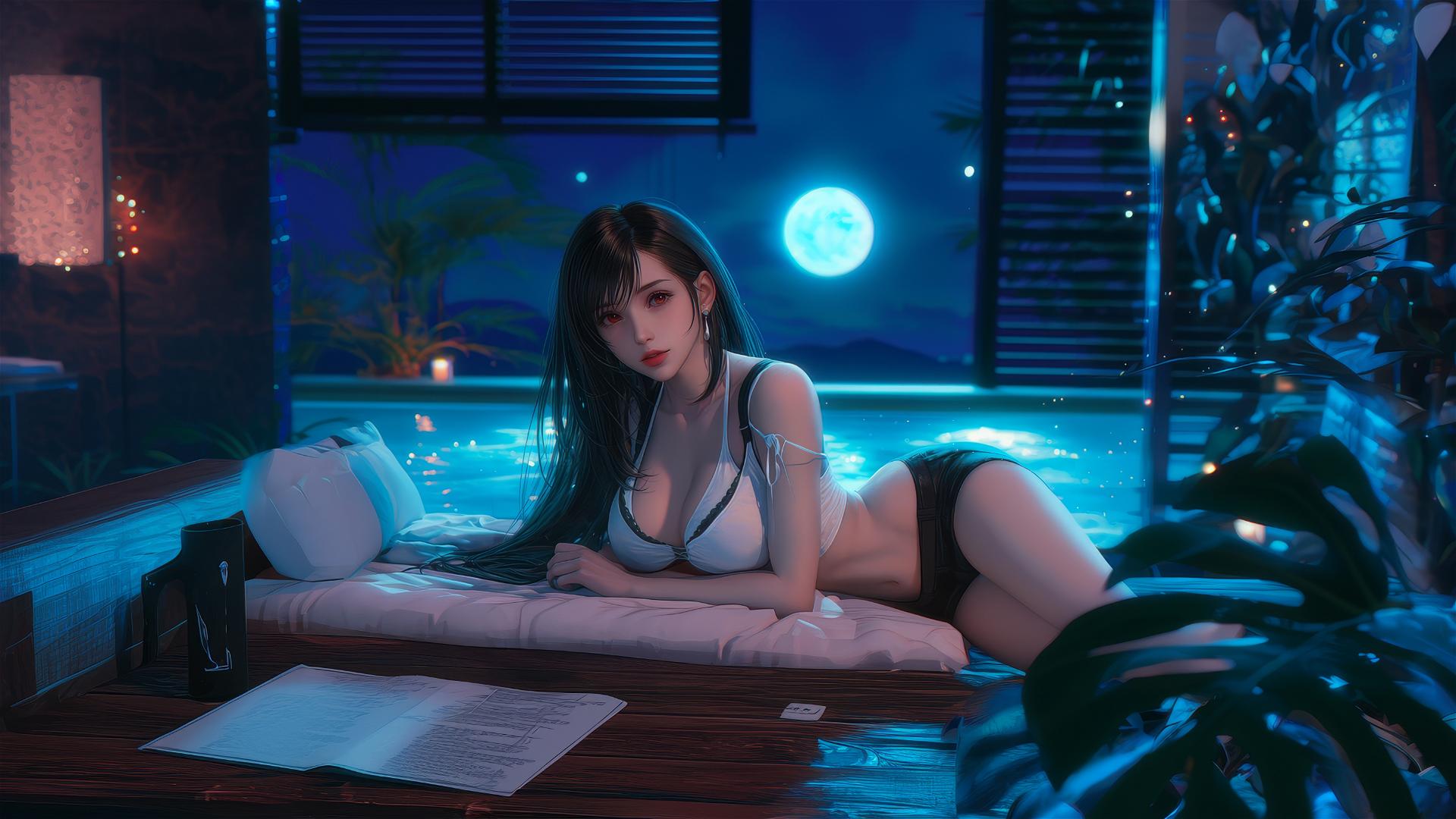 Tifa Lockhart resting in her room under moonlight