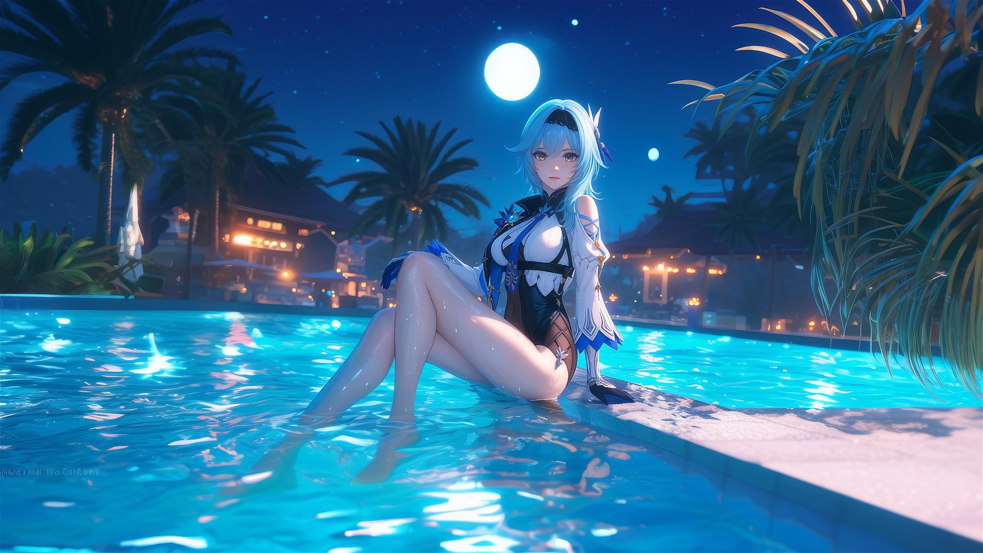 Eula Lawrence from Genshin Impact lounging by a pool under moonlight.