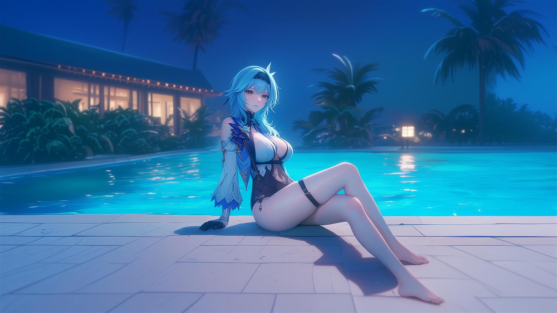 Eula Lawrence from Genshin Impact resting at a swimming pool under moonlight.