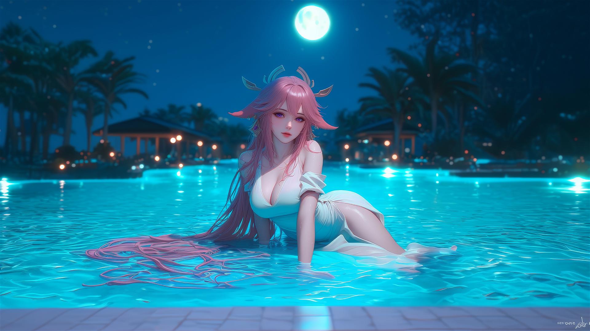 Yae Miko from Genshin Impact relaxing by a pool under moonlight