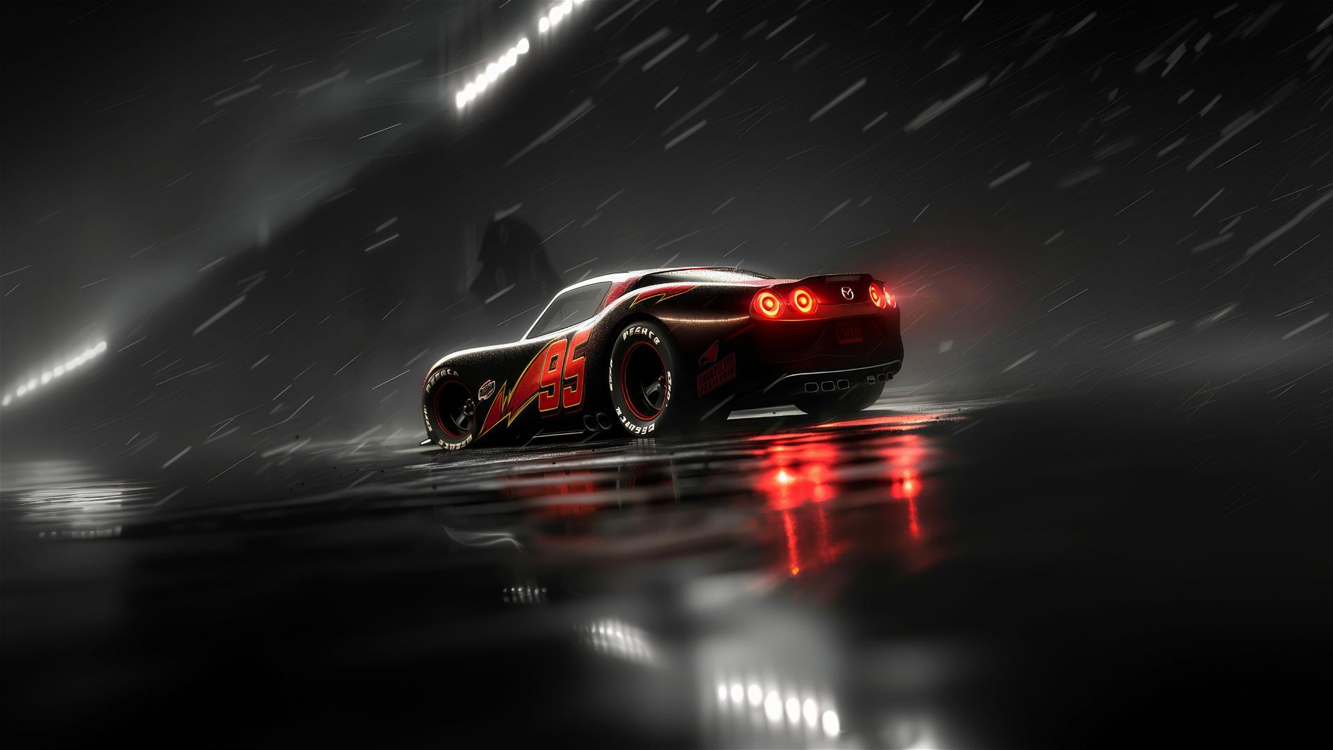Rear close-up of Pixar-style Lightning McQueen with Harry Potter attributes, spotlight effect