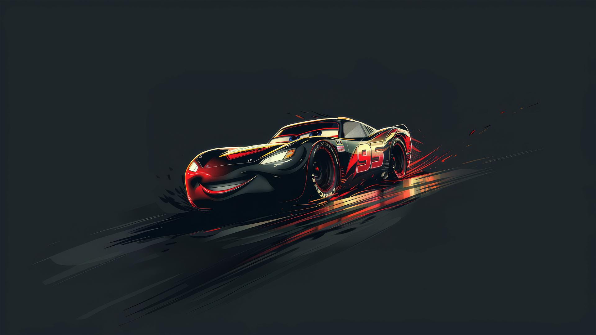 Front angle of Pixar-style Lightning McQueen with a Harry Potter theme on dark background