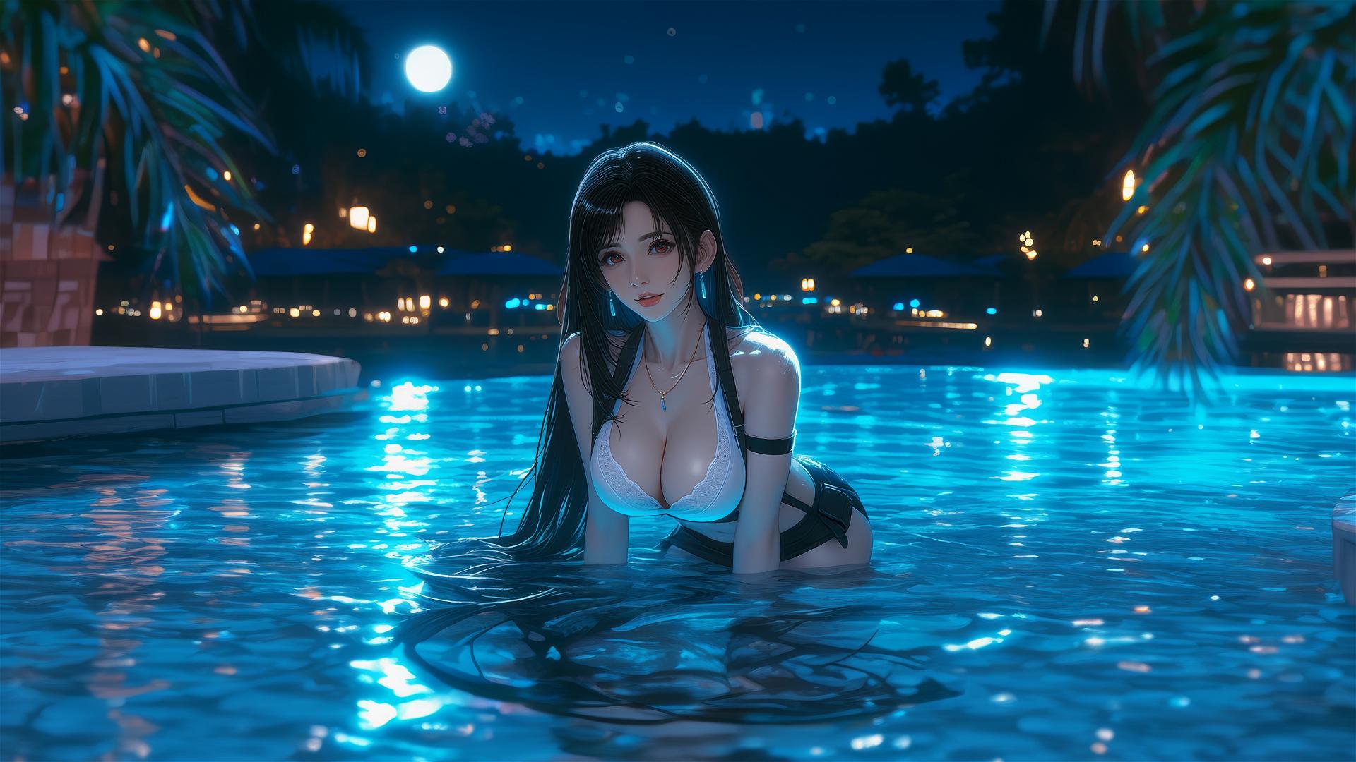 Tifa Lockhart resting by a swimming pool under moonlight