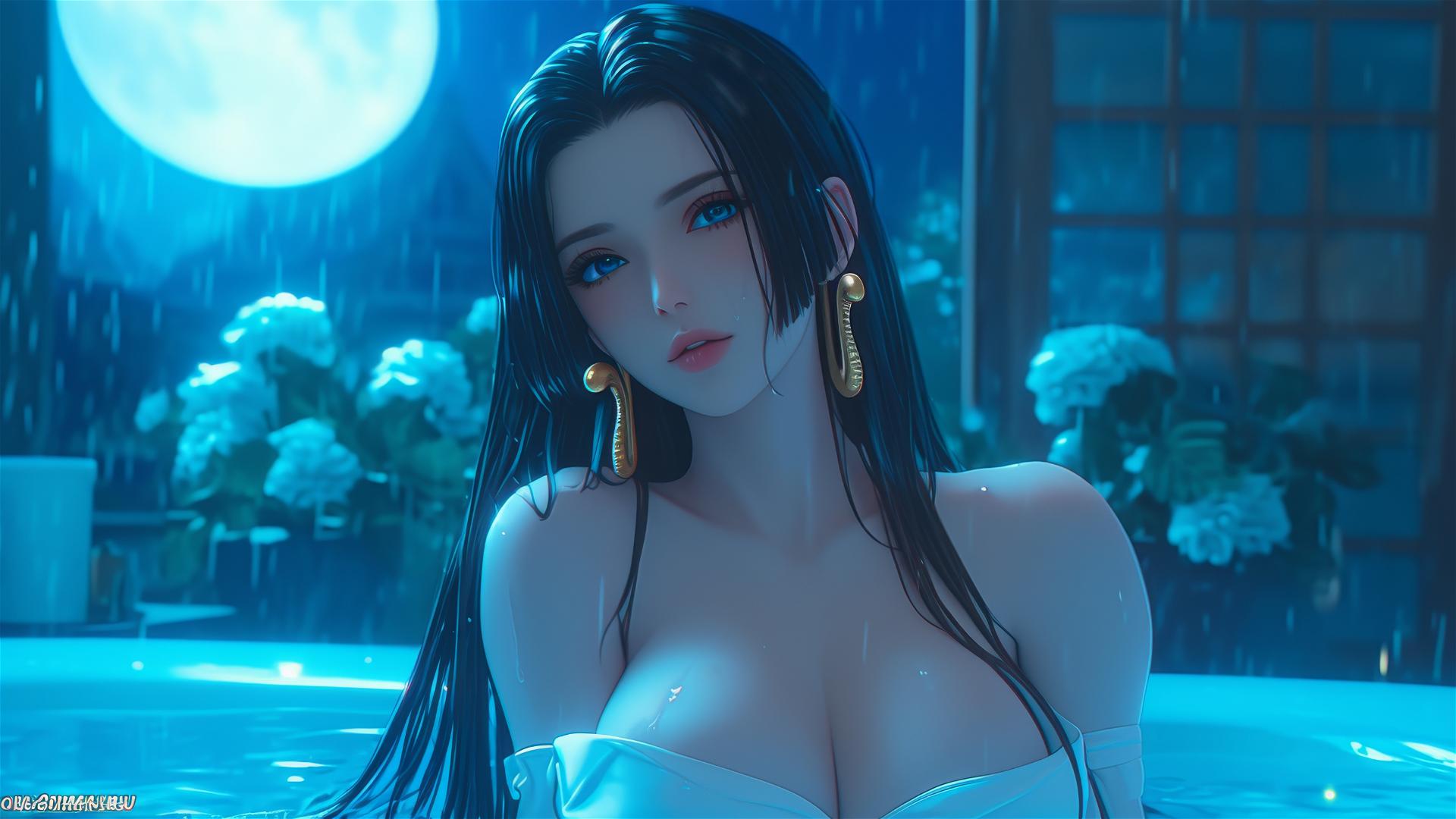 Boa Hancock from One Piece rests in a tub in moonlight.