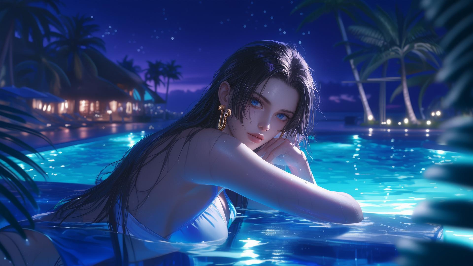 Boa Hancock from One Piece resting by the pool under moonlight.