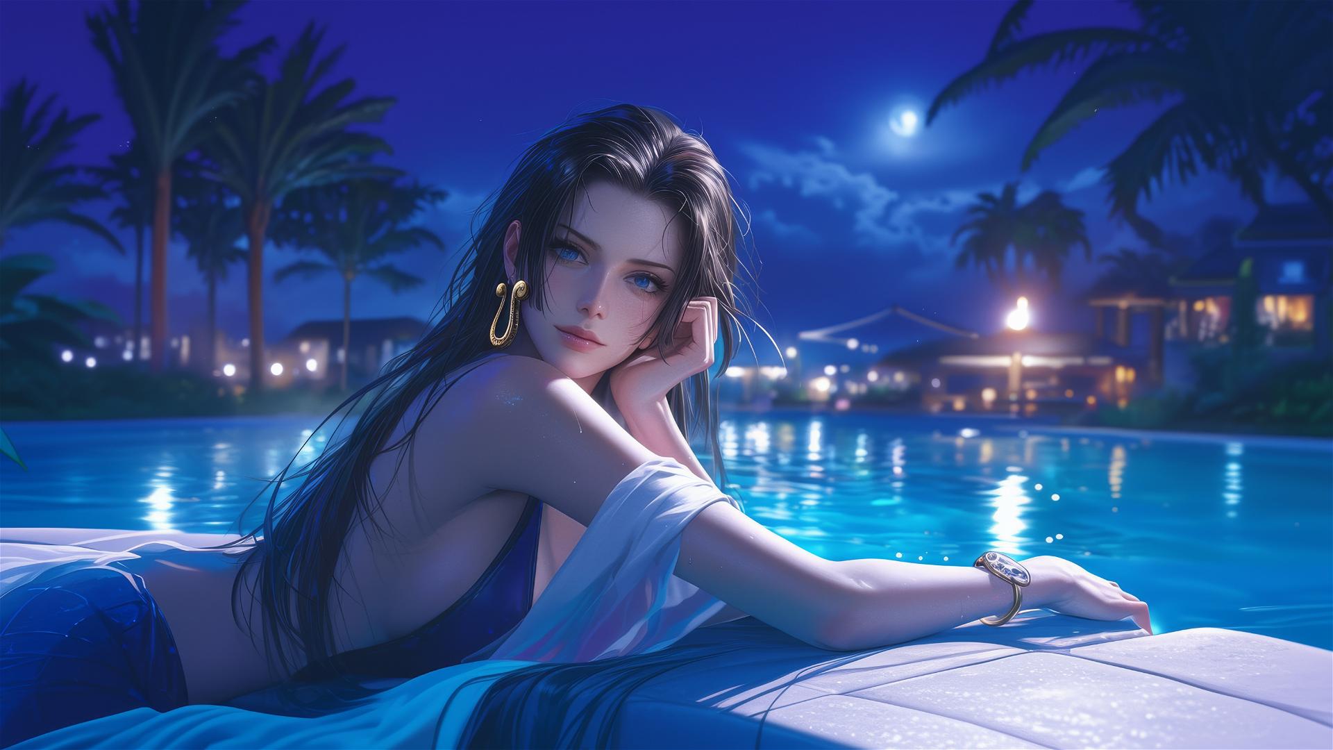Boa Hancock from One Piece resting by a pool under moonlight