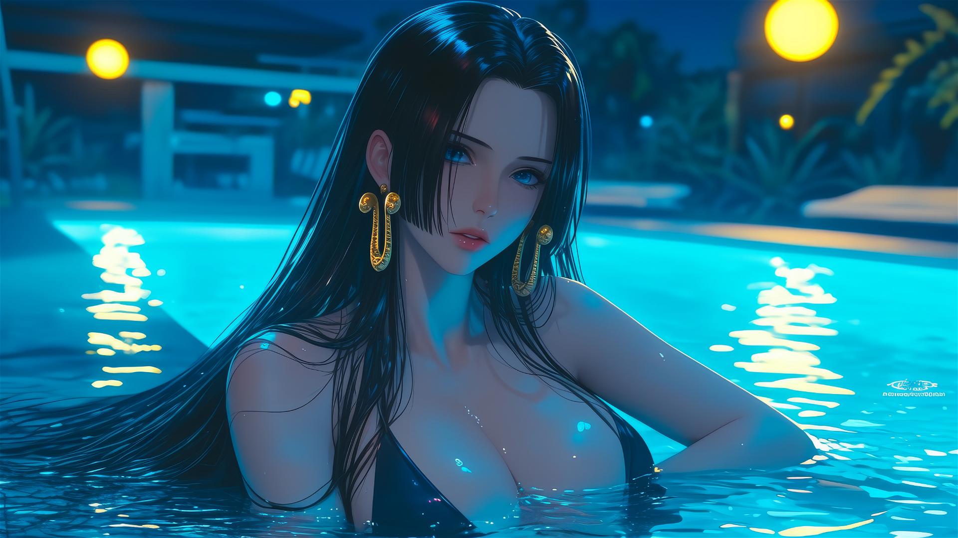 Boa Hancock from One Piece relaxing in a tub under moonlight