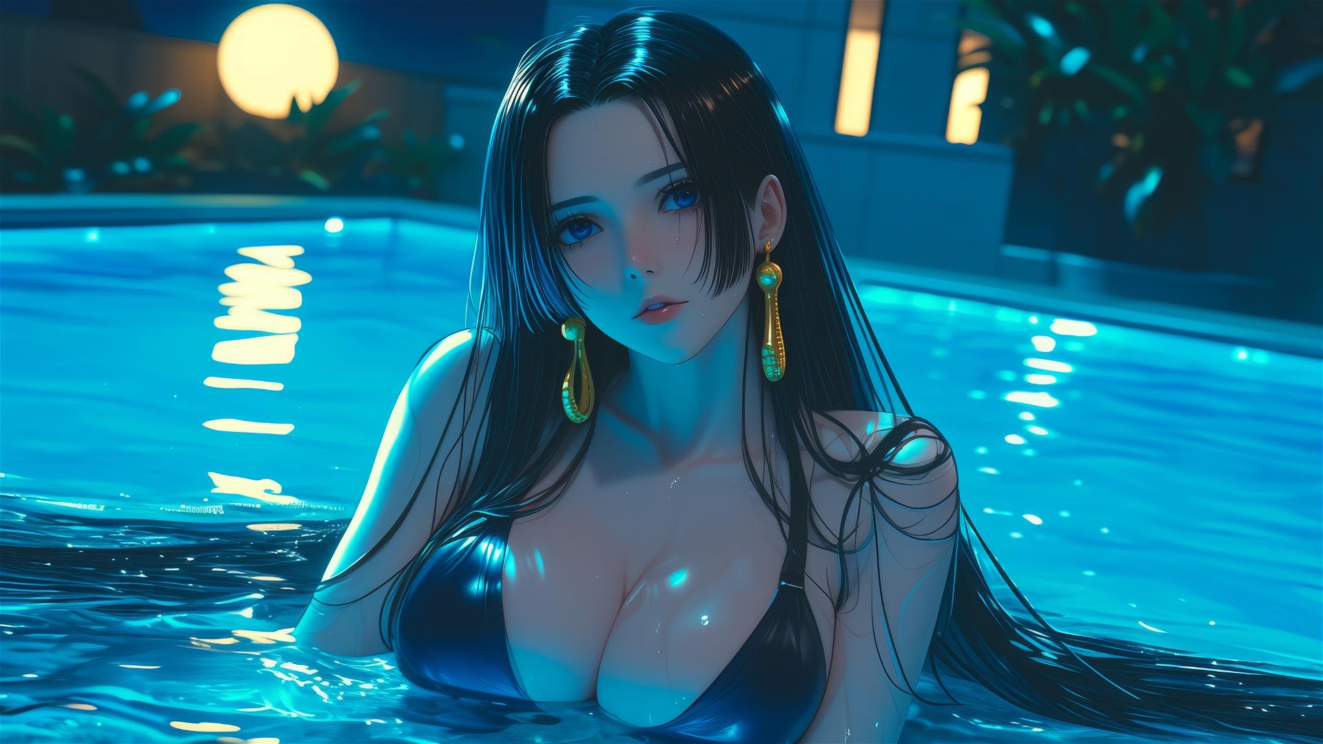 Boa Hancock resting in a tub under moonlight