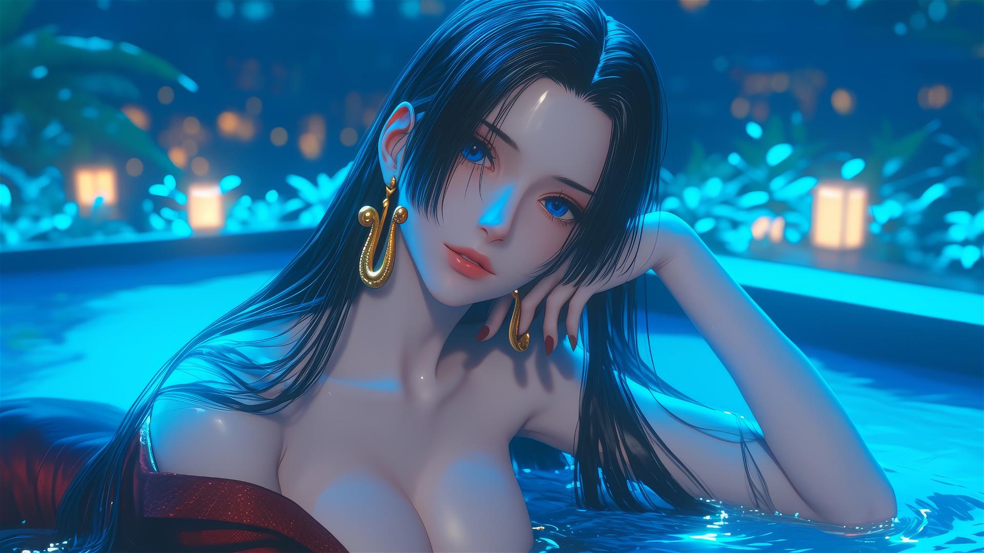 Boa Hancock resting in a tub under moonlight