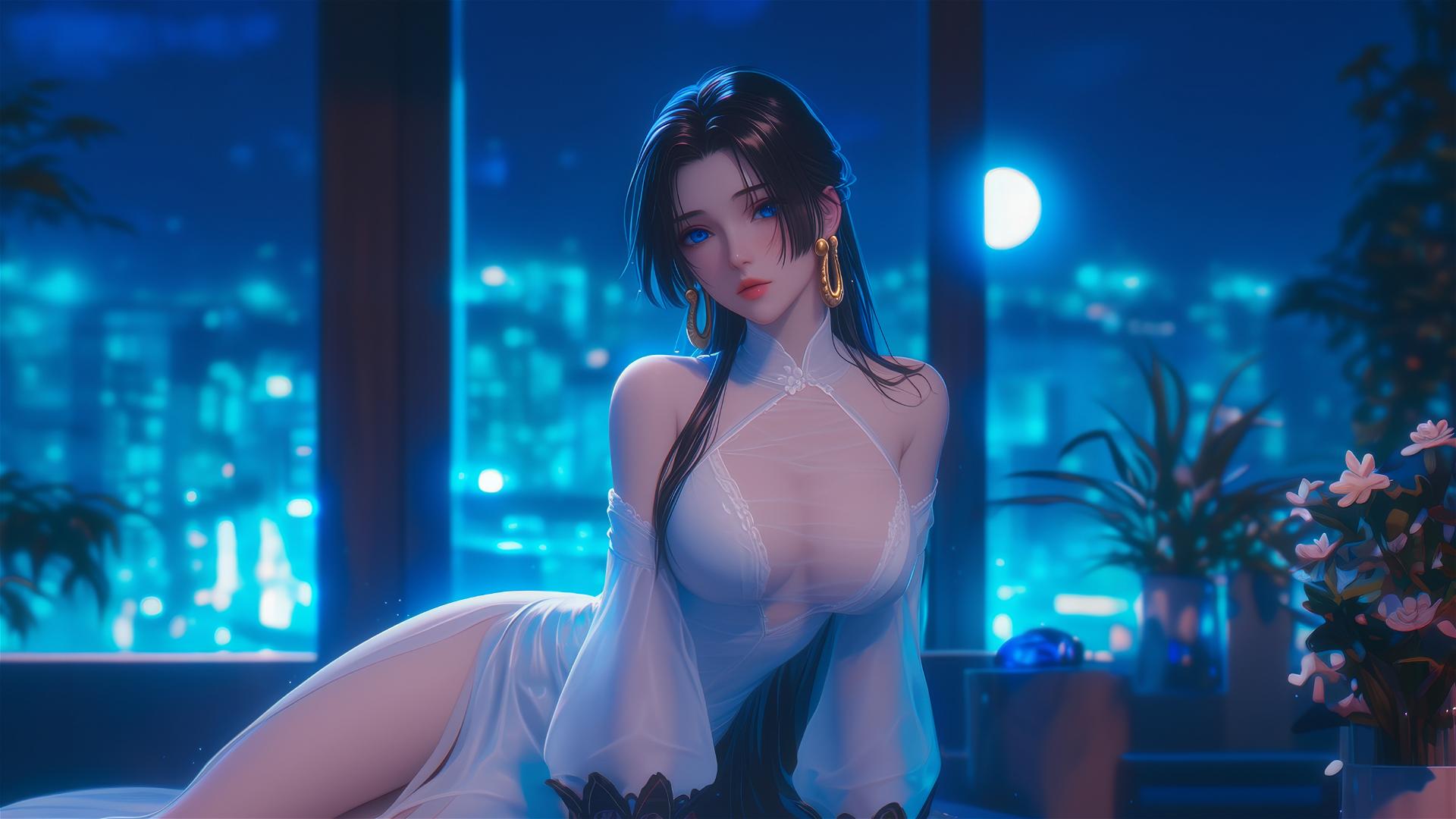 Boa Hancock resting under moonlight in apartment with short hair.