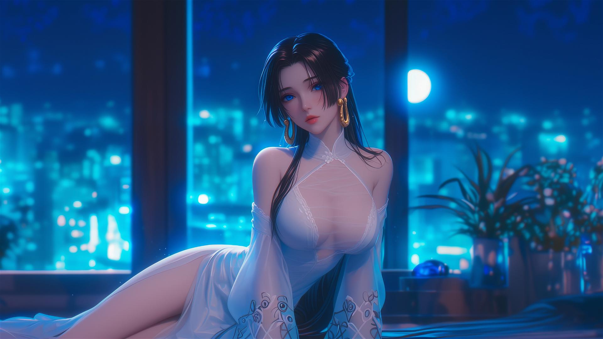 Boa Hancock from One Piece resting in apartment under moonlight, short hair