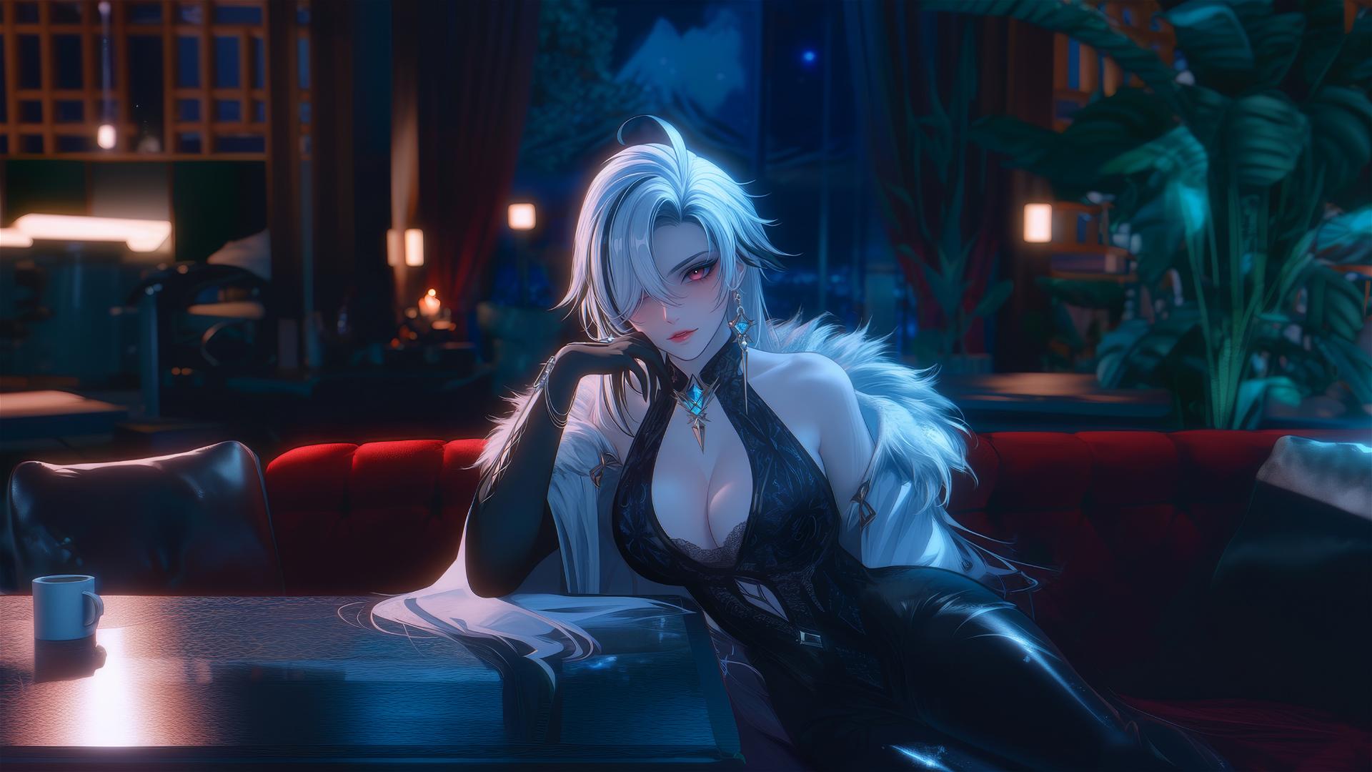 Arlecchino from Genshin Impact with snow white hair and black streaks, resting in a modern hotel room under moonlight