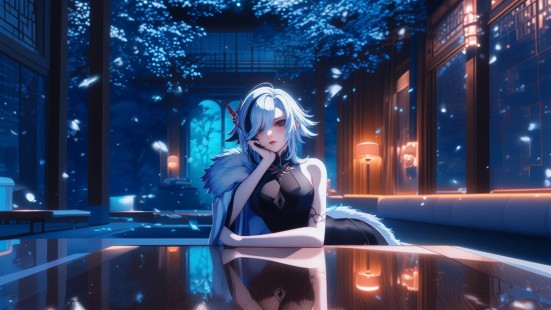 Arlecchino from Genshin Impact with snow white hair and black streaks in modern hotel room