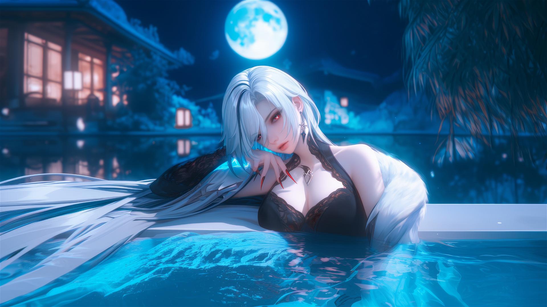 Arlecchino with white hair resting in a modern hotel room, moonlight glow
