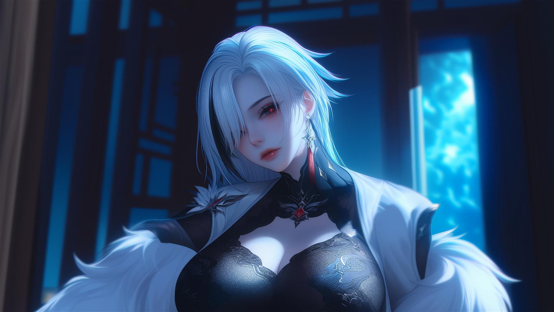 Arlecchino from Genshin Impact with snow white hair and black streaks, black irises and red x-shaped pupils, in a modern hotel room illuminated by moonlight.