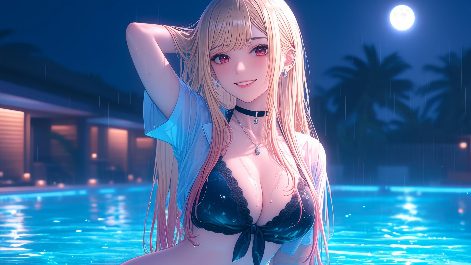 Marin Kitagawa resting at a rainy swimming pool under moonlight