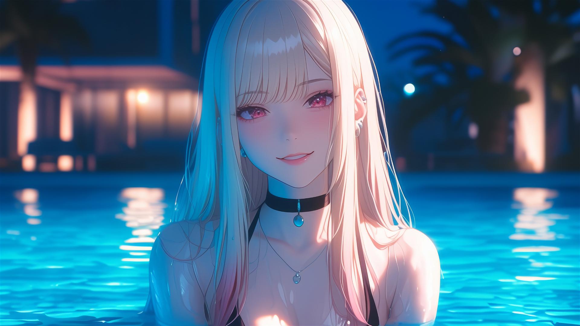 Marin Kitagawa at rainy pool, moonlight, blond hair with pink-red or citrus tips, pink eyes