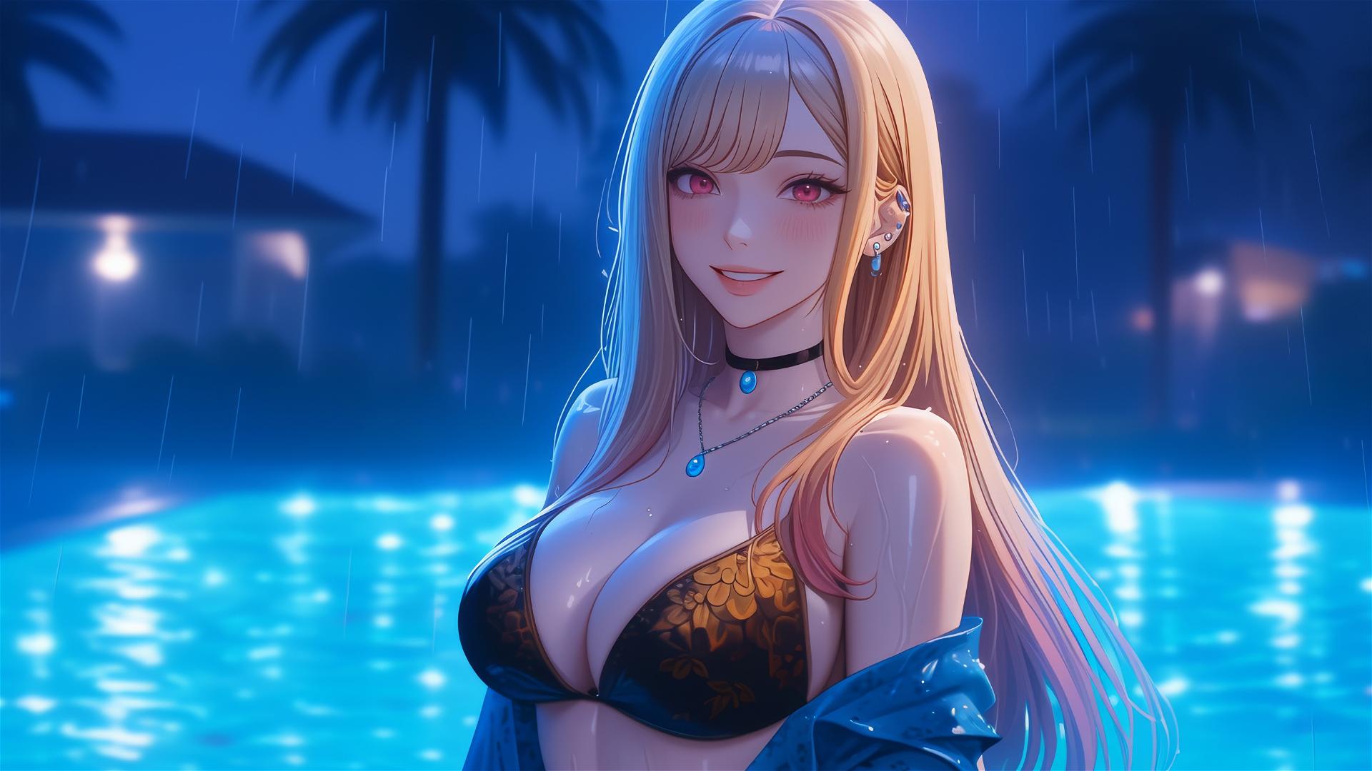 Marin Kitagawa resting at a rainy swimming pool under moonlight