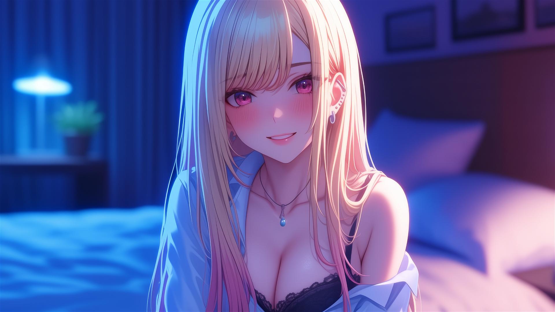 Marin Kitagawa sitting on a hotel bed illuminated by moonlight, blonde hair tipped with pinkish-red or orange, with pinkish eyes.