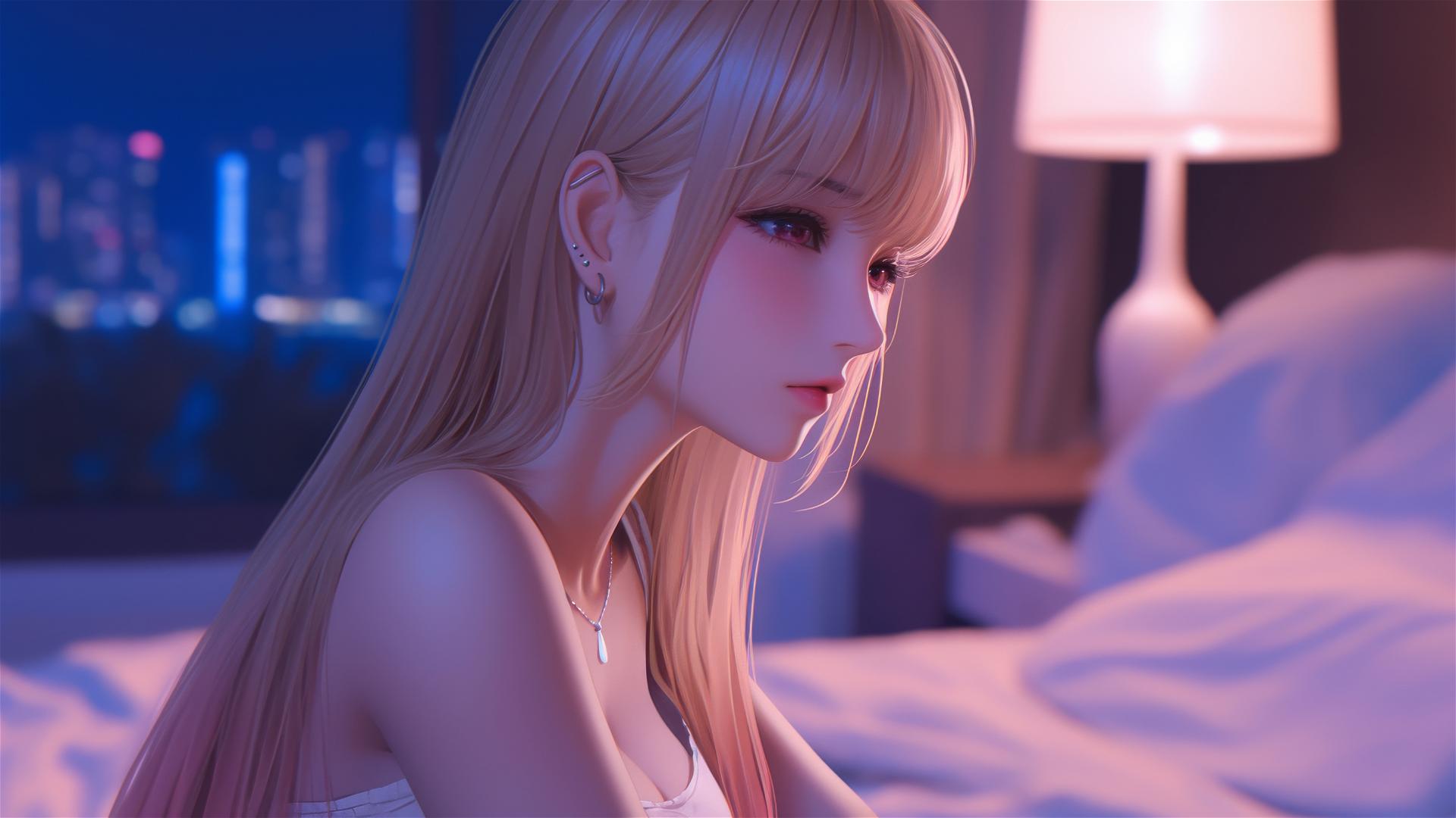 Marin Kitagawa from Kurikami City sitting on a hotel bed under moonlight with pinkish eyes and silky blonde hair tipped with orange