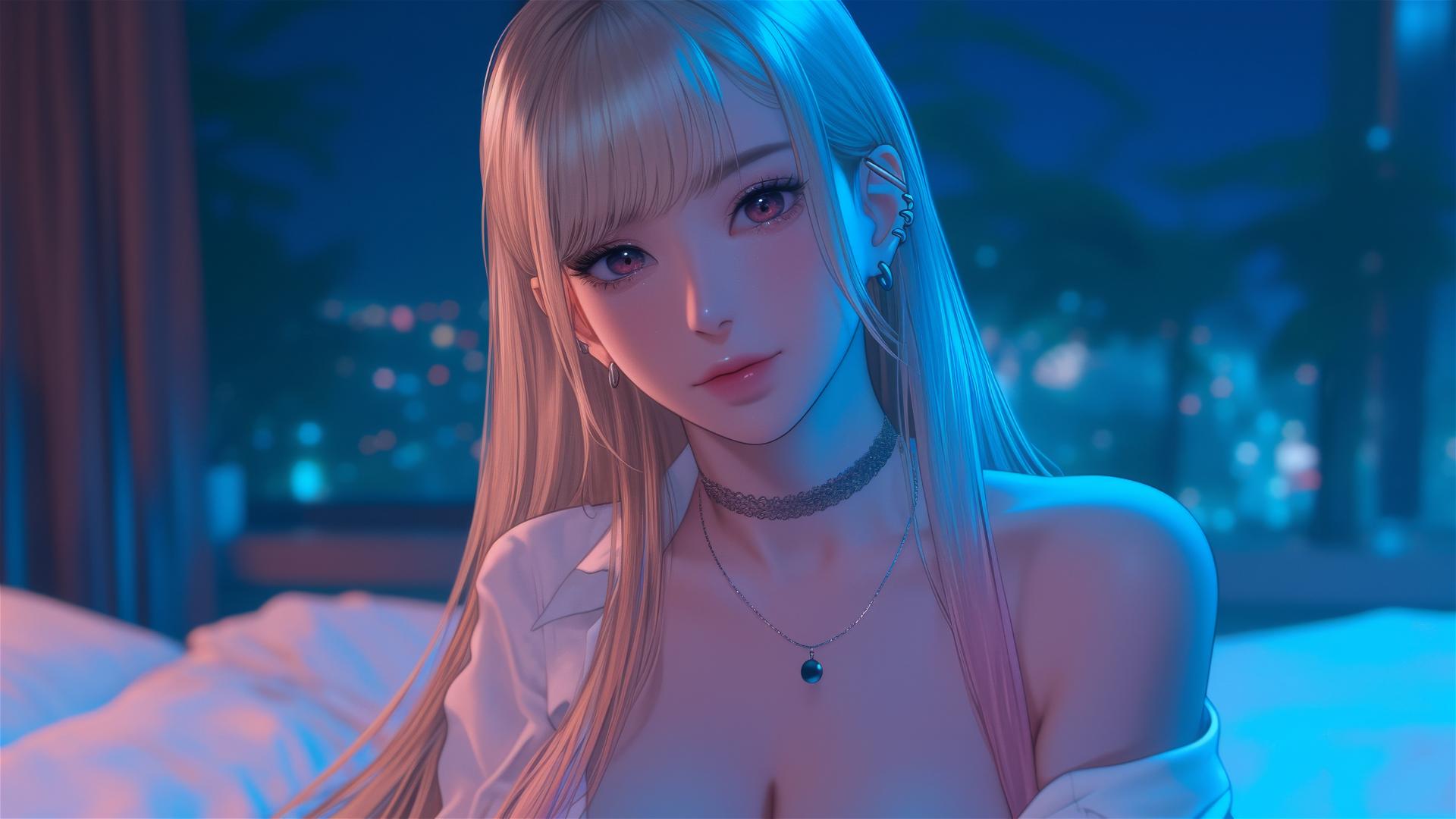 Marin Kitagawa sitting on a hotel bed with moonlight highlighting her