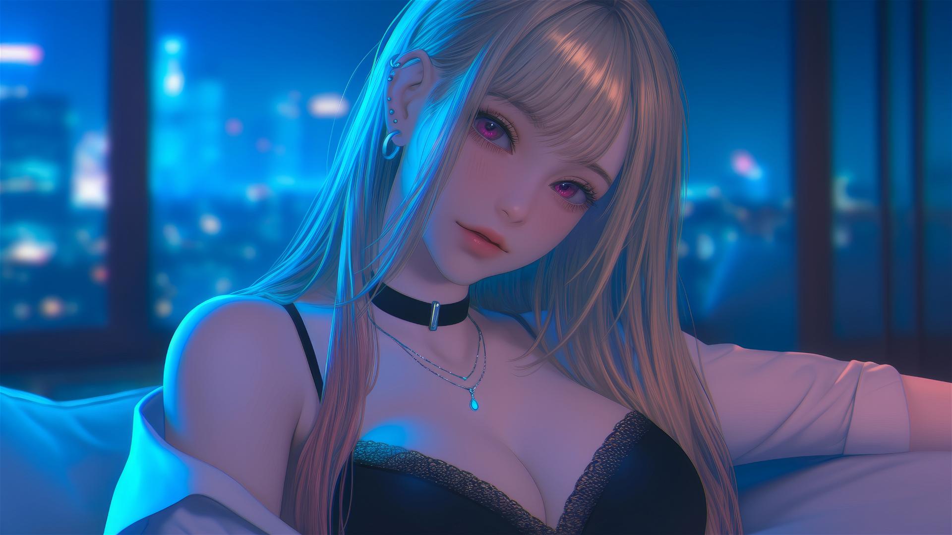 Marin Kitagawa sitting on a hotel bed with moonlight, silky blonde hair tipped red or orange, and pinkish eyes.