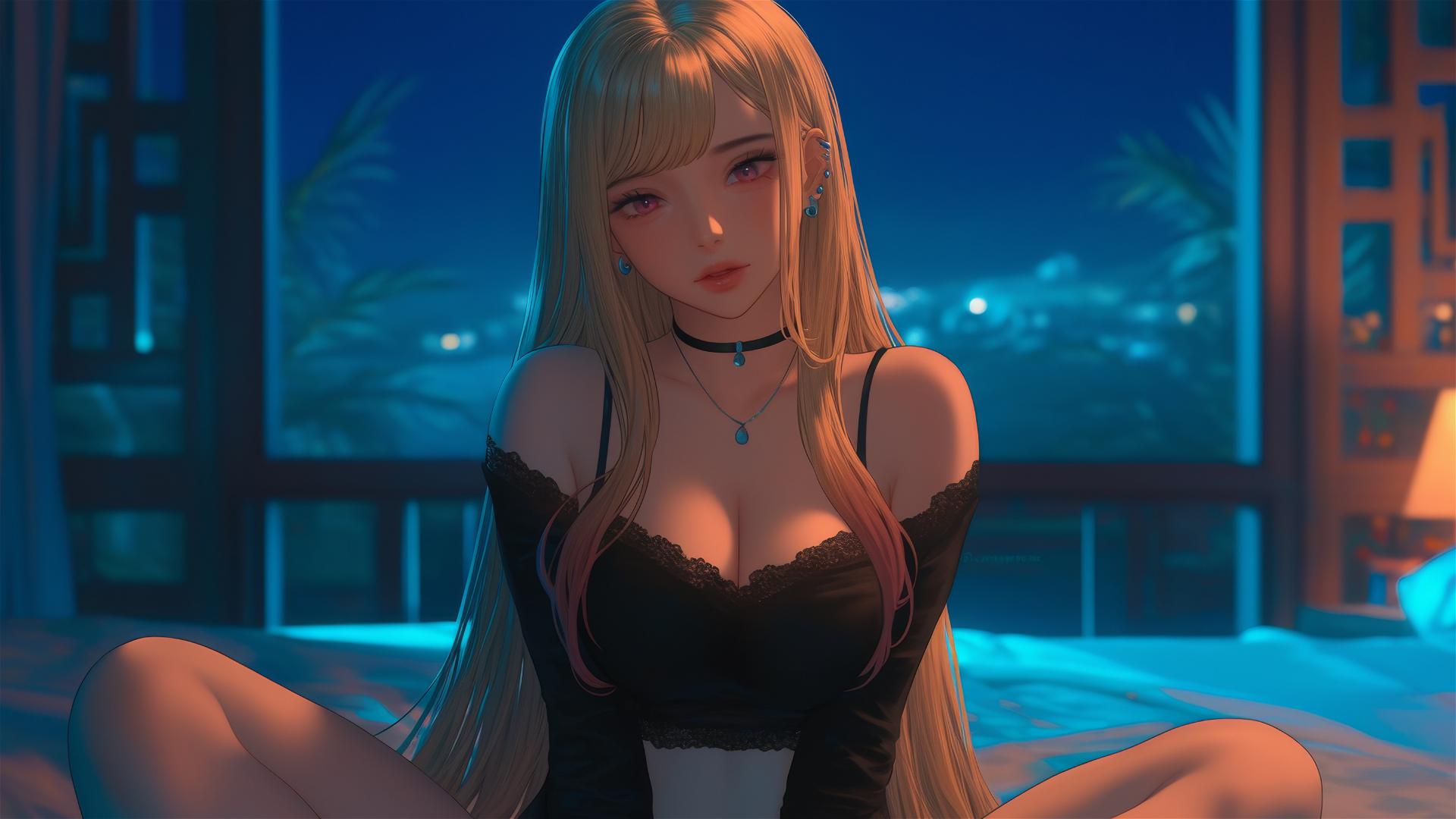 Marin Kitagawa sitting on a hotel bed under moonlight with blonde-pinkish hair.