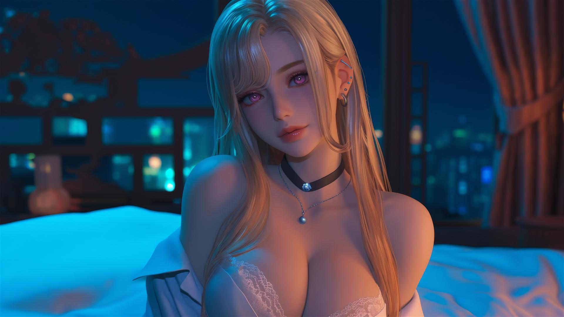 Marin Kitagawa sitting on a hotel bed with moonlight casting a soft glow.