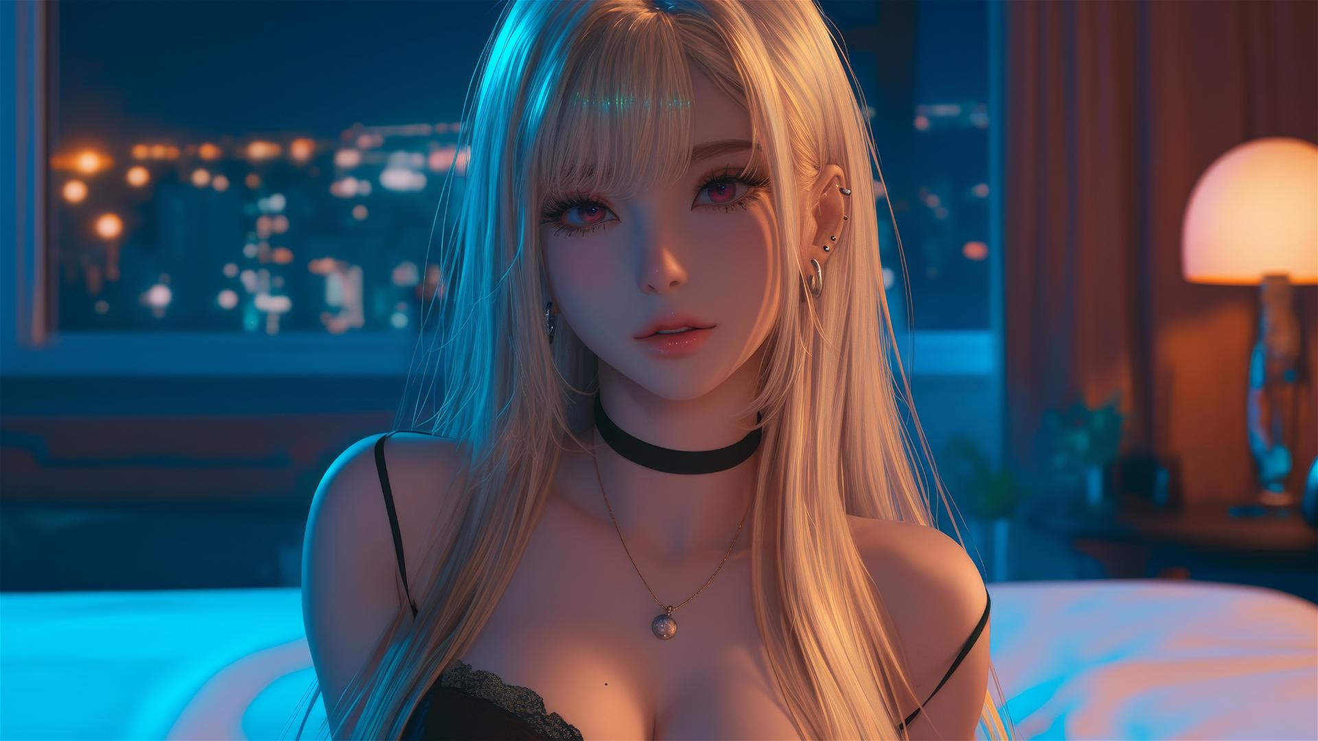 Marin Kitagawa sitting on a hotel bed with moonlight casting a glow on her