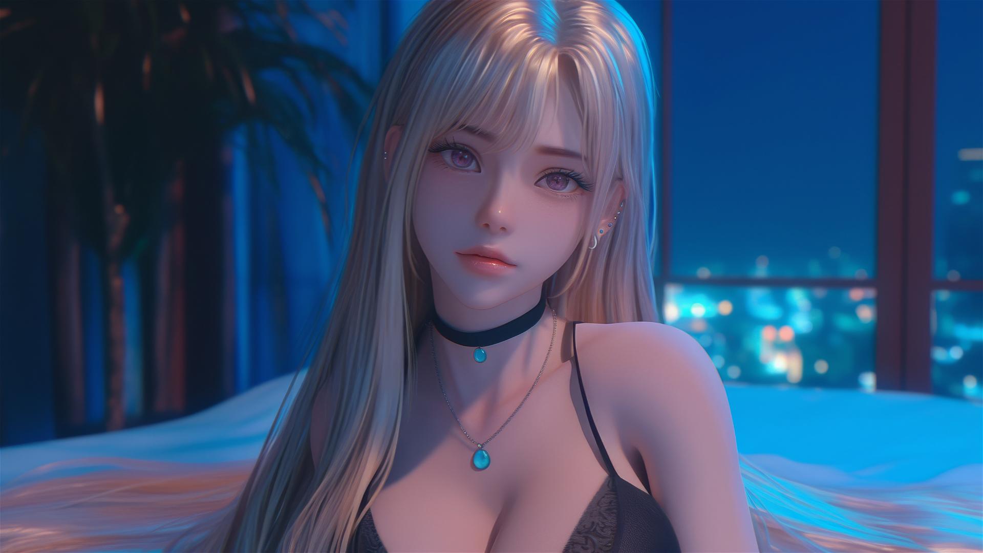 Marin Kitagawa with pink-tipped blonde hair sitting on hotel bed under moonlight