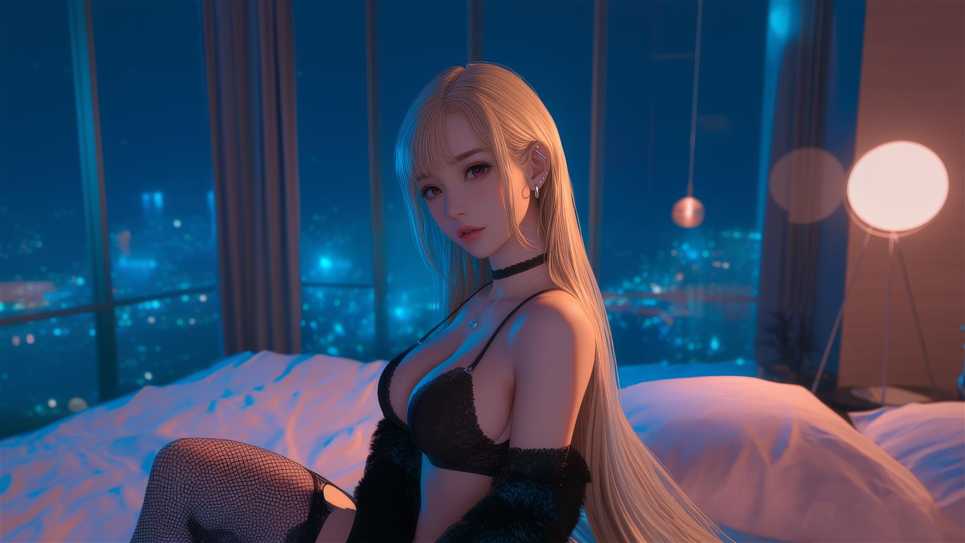 Marin Kitagawa sitting on a hotel bed illuminated by soft moonlight