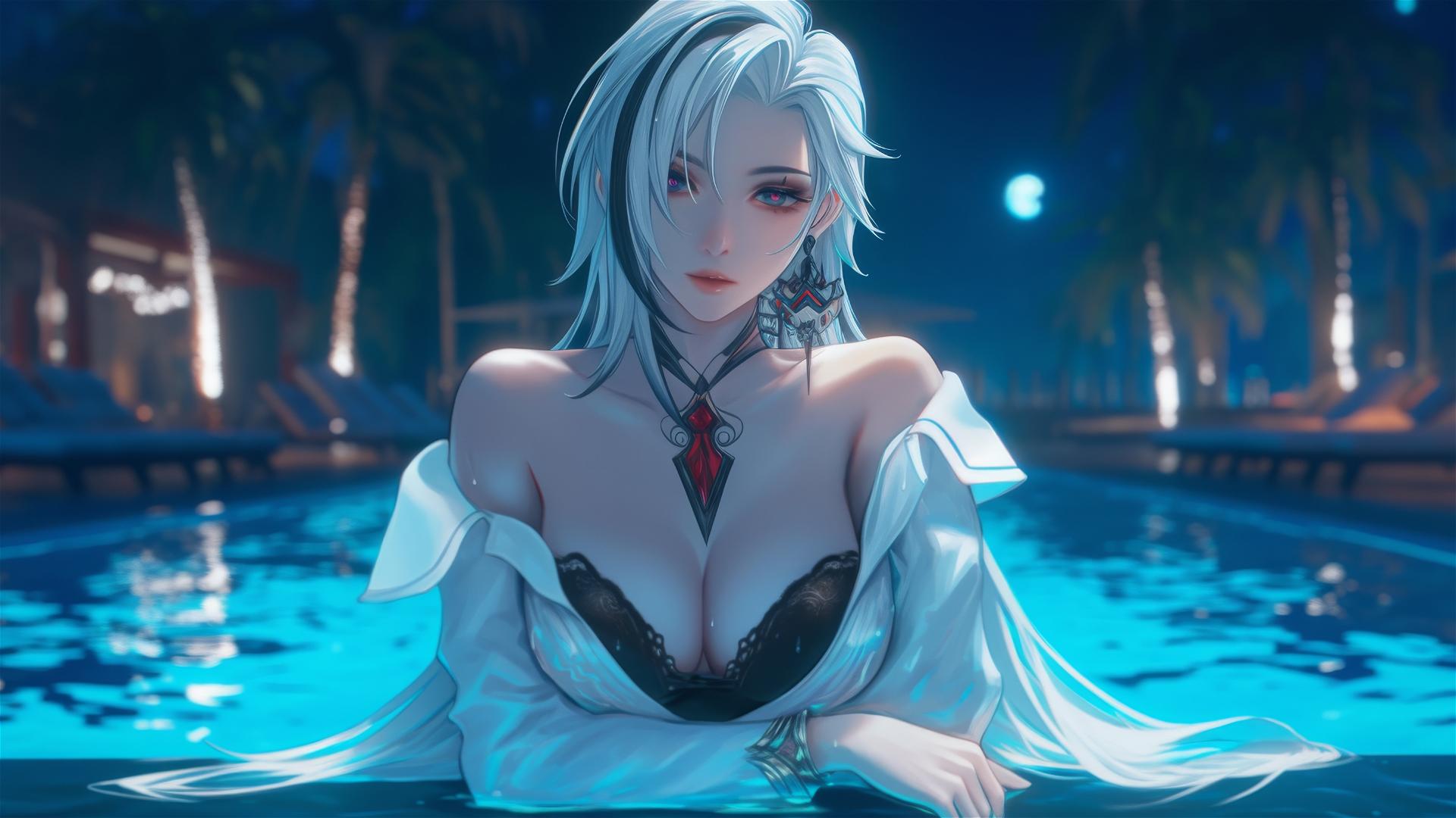 Arlecchino from Genshin Impact with snow white hair and black streaks, resting by the pool under moonlight
