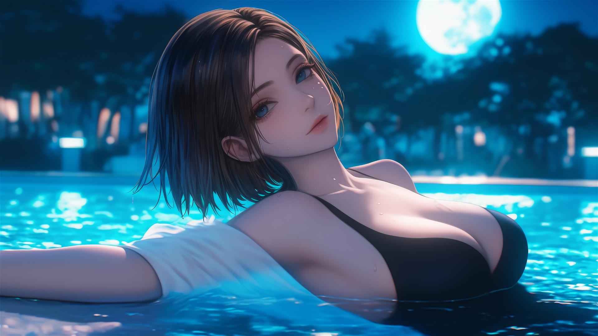 Nobara Kugisaki rests by a rainy pool under moonlight