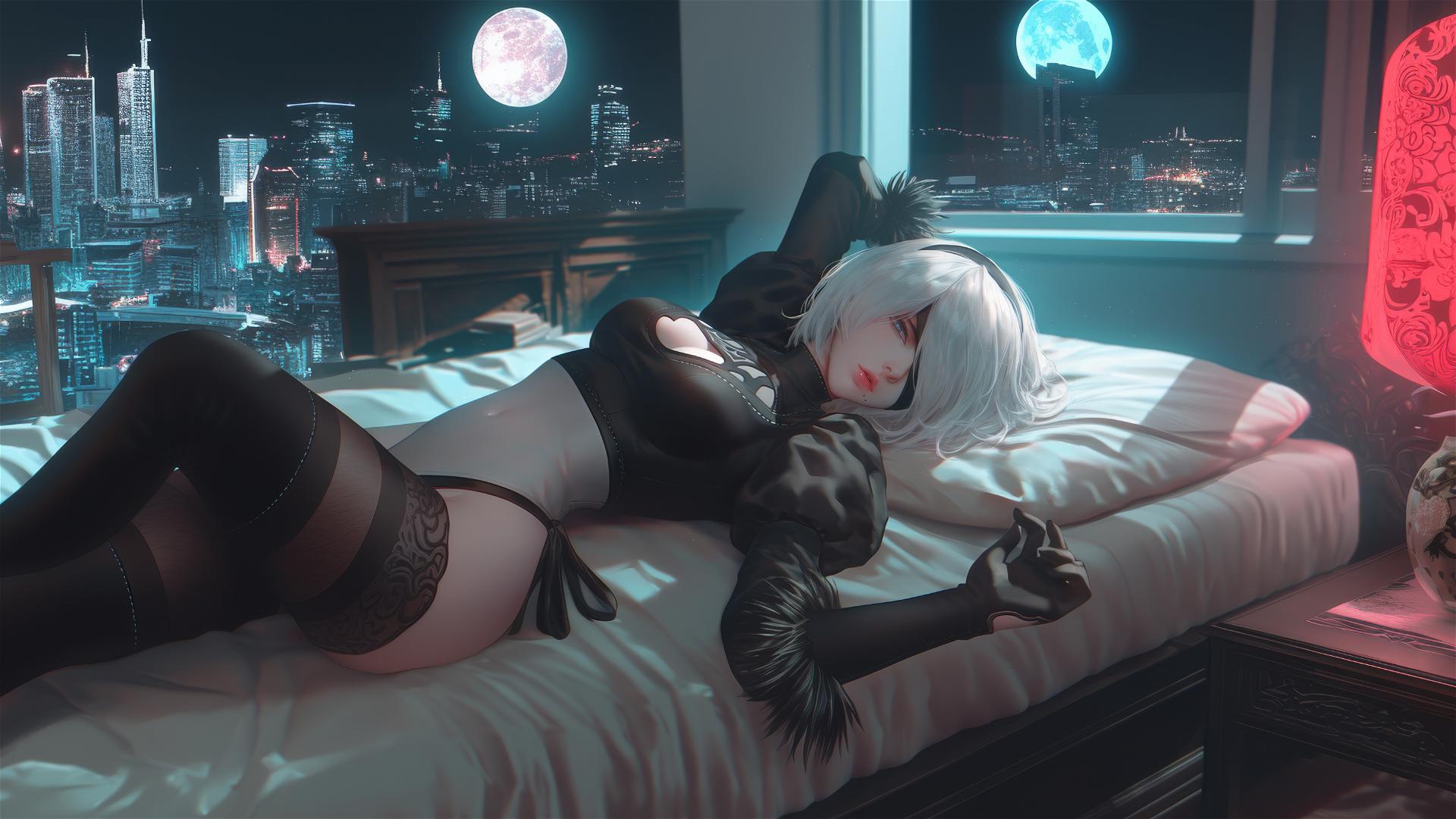 2B from Nier resting in a modern hotel room with moonlight glow