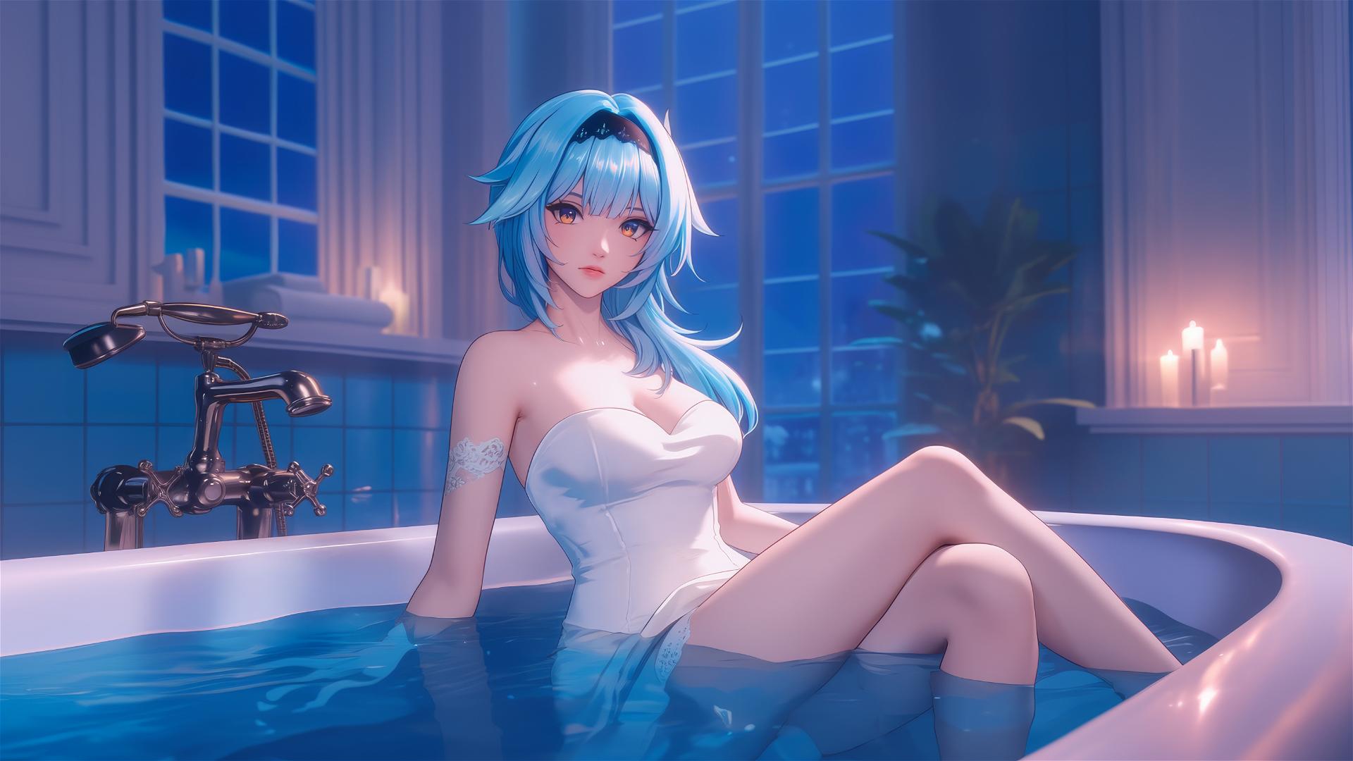 Eula Lawrence from Genshin Impact resting in a moonlit tub