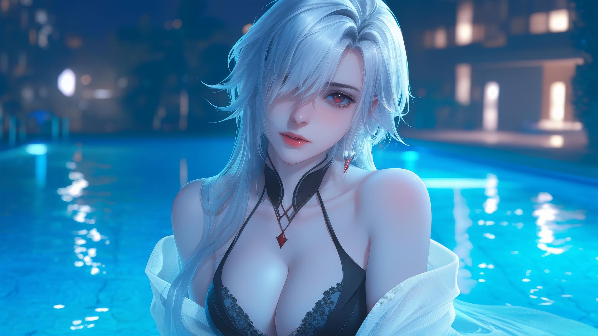 Arlecchino from Genshin Impact with white hair, black streaks, and red X pupils in moonlit pool.