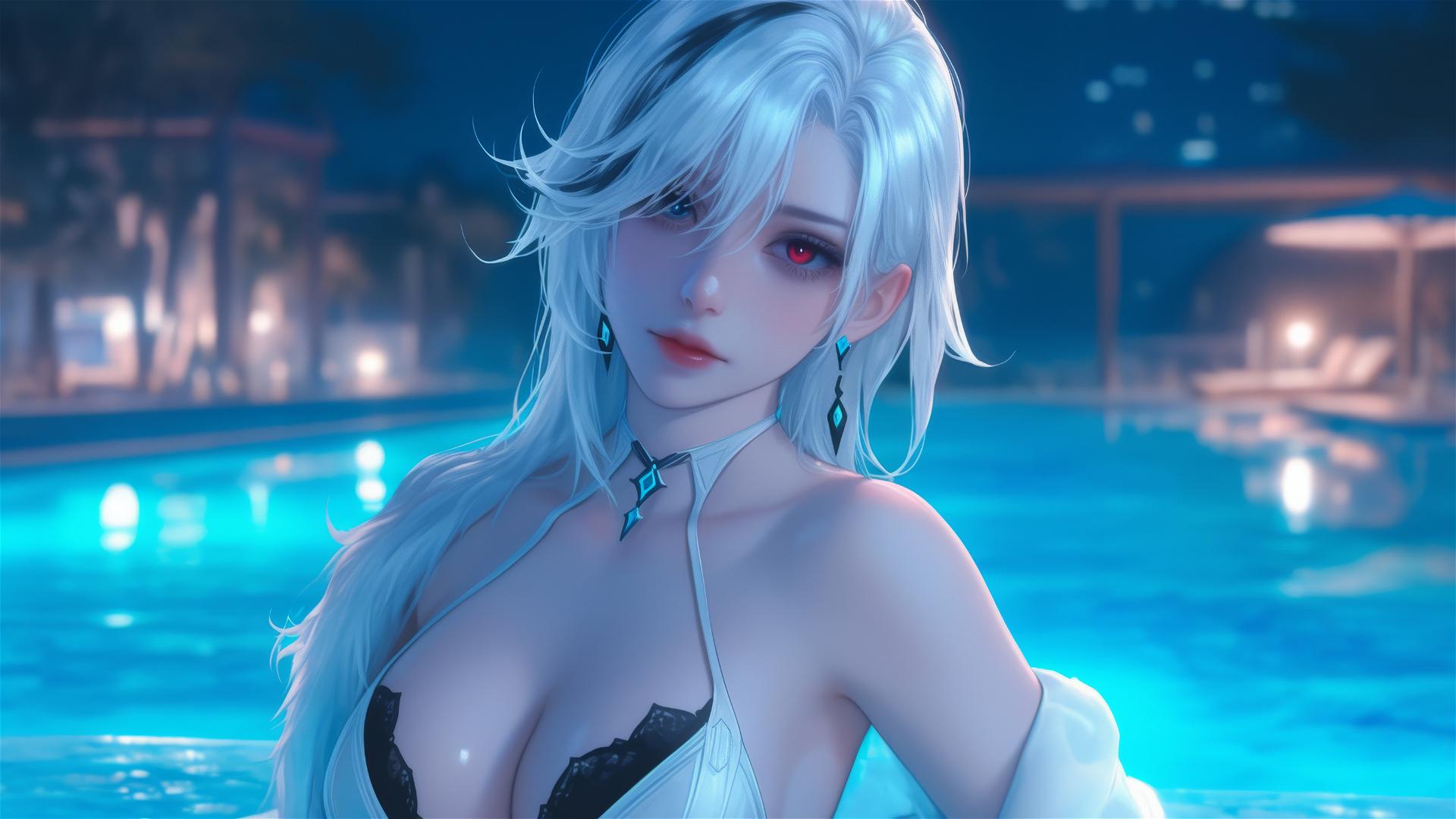 Arlecchino from Genshin Impact with white hair and black streaks by a moonlit pool