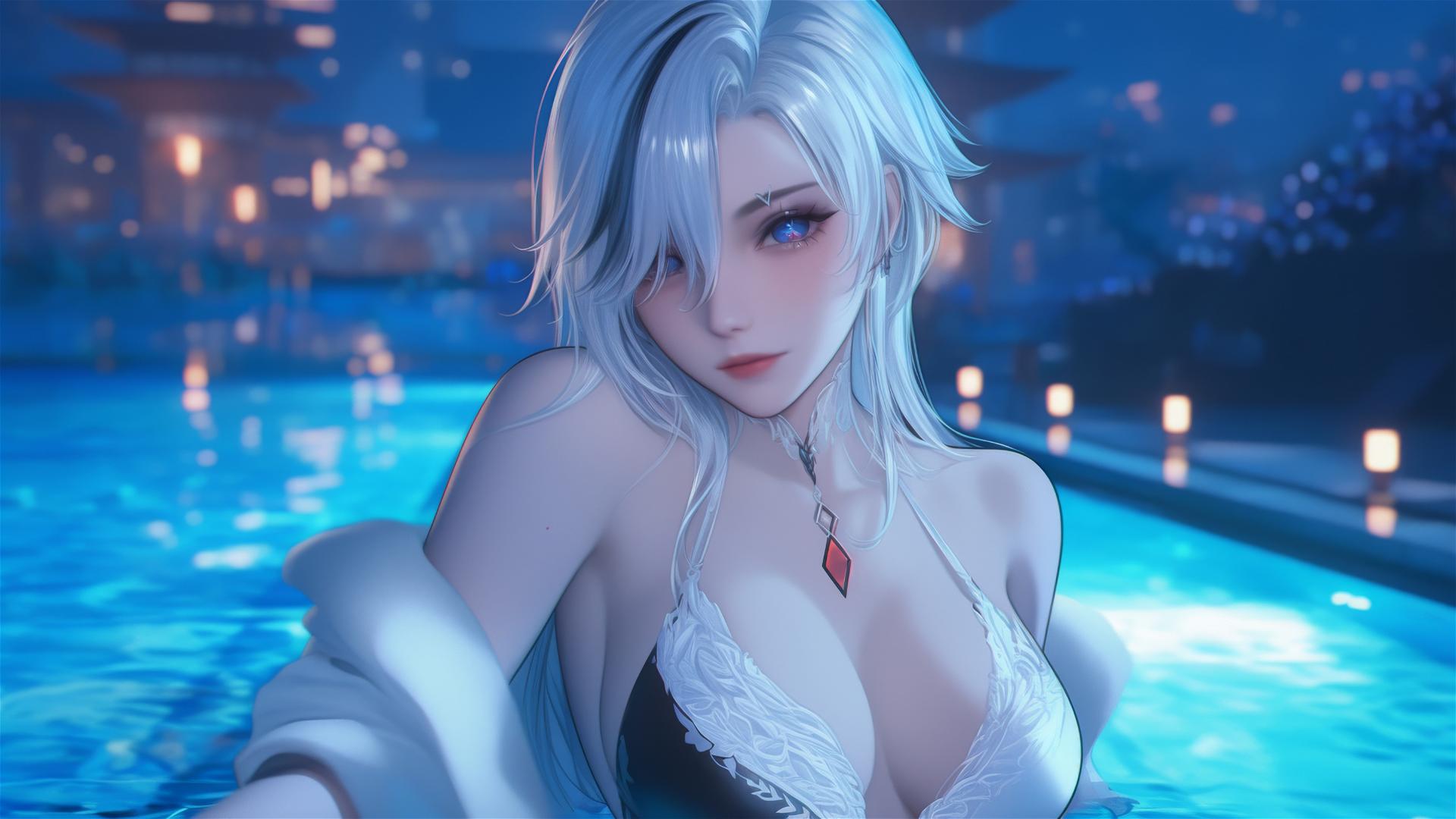 Arlecchino from Genshin Impact with snow white hair and occasional black streaks, resting by a pool under moonlight.