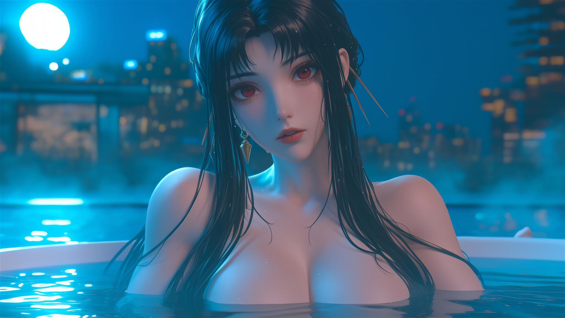Yor Forger resting in a tub under moonlight