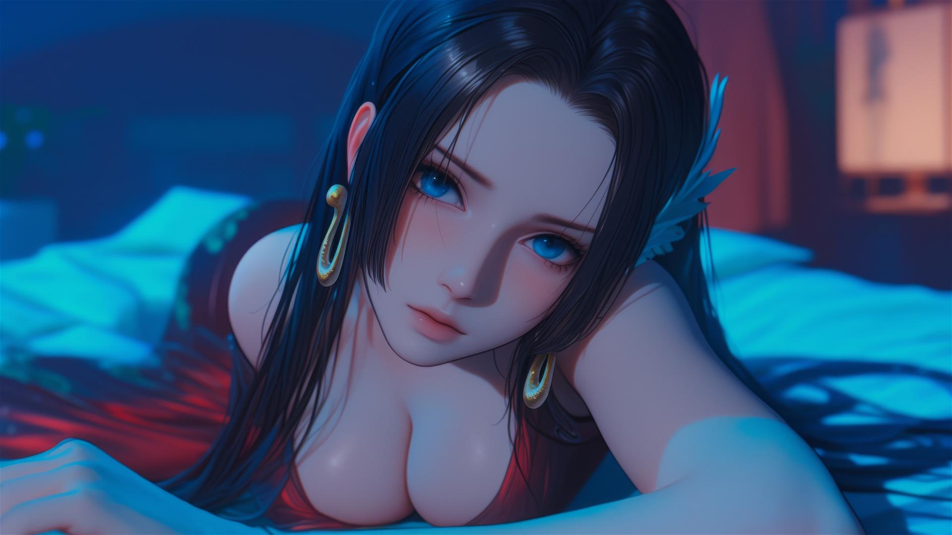 Boa Hancock from One Piece in bed with neon colors and pink background