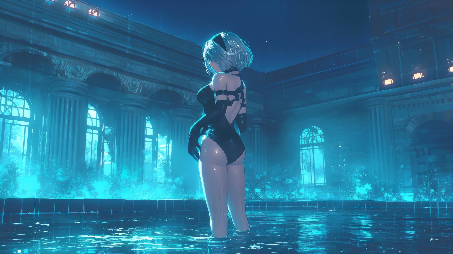 2B from Nier stands by a rainy pool under moonlight